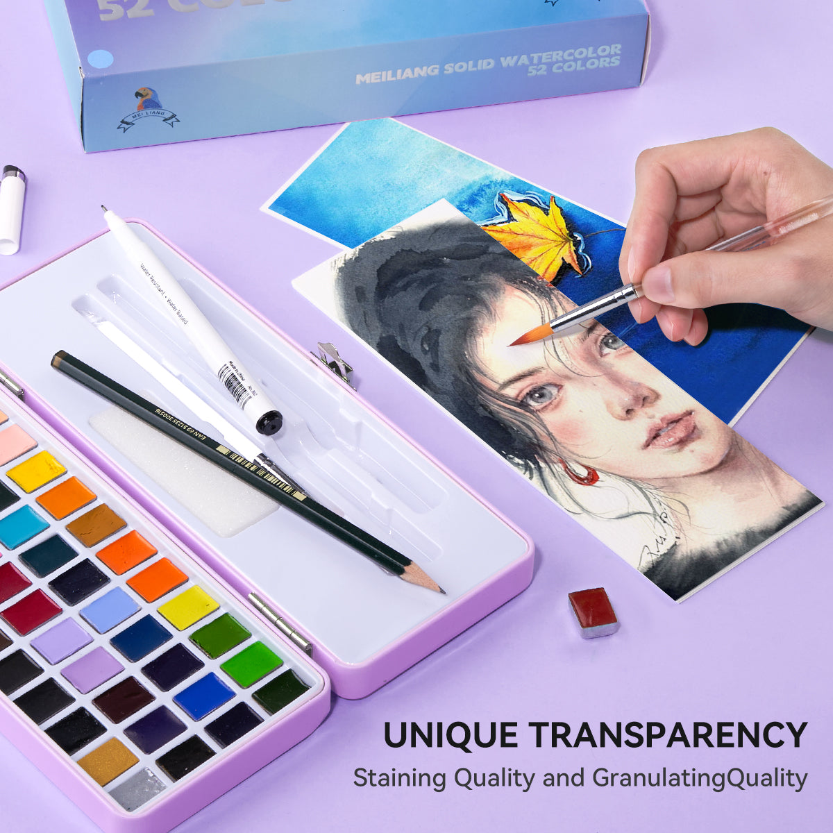 MeiLiang – ensemble de peinture aquarelle, 52 couleurs, en demi-casseroles avec accessoires (boîte violette)