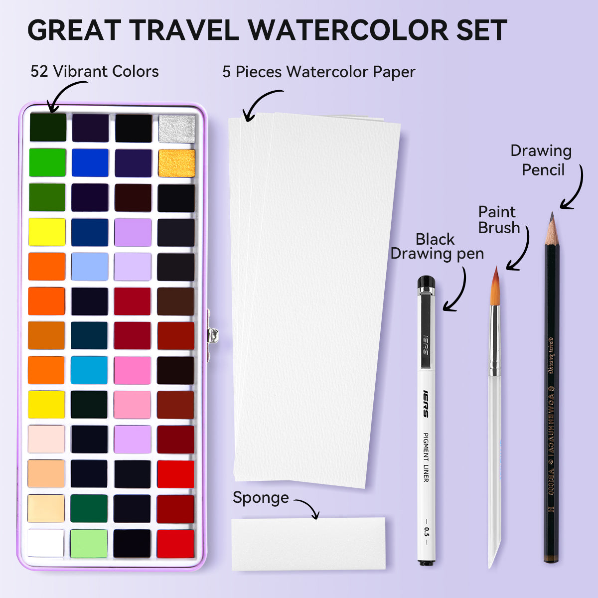 MeiLiang – ensemble de peinture aquarelle, 52 couleurs, en demi-casseroles avec accessoires (boîte violette)