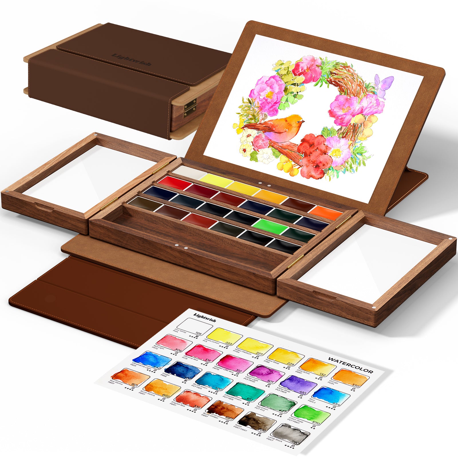 Watercolor Paint Set 24 Vibrant Colors with Walnut Wood Palette,Adjustable Angles Artificial Leather Sheath Portable Travel Watercolor Palette Set for Artist
