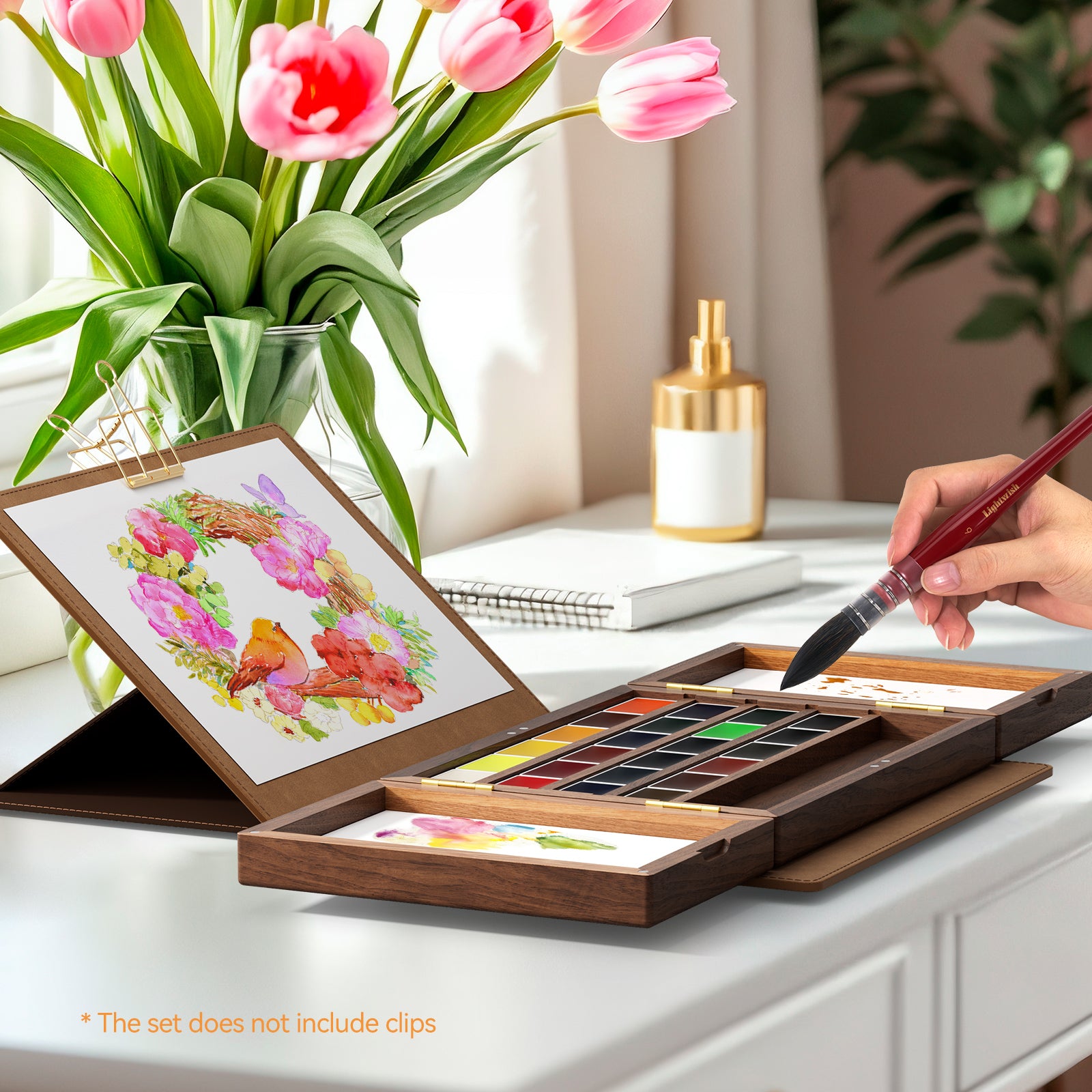 Watercolor Paint Set 24 Vibrant Colors with Walnut Wood Palette,Adjustable Angles Artificial Leather Sheath Portable Travel Watercolor Palette Set for Artist