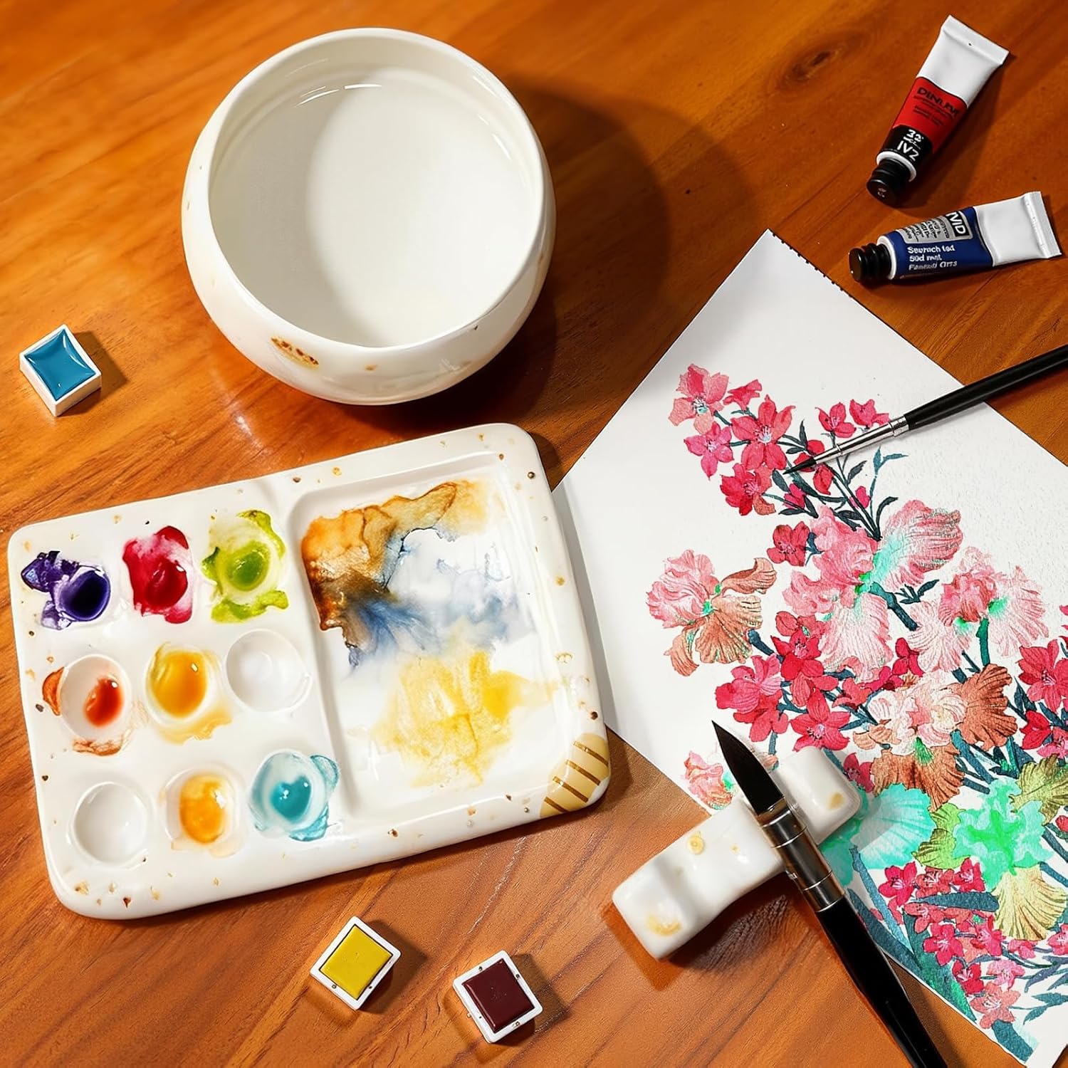 Handmade ceramic paint palette set, artist's ceramic watercolor palette, brush holder and paint cups