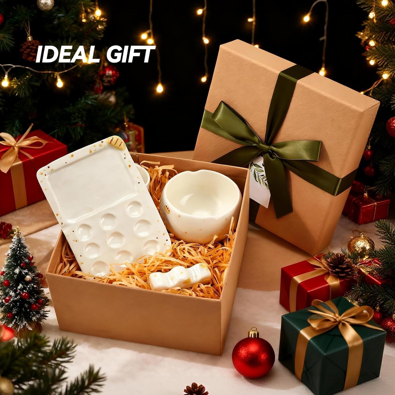 Handmade ceramic paint palette set, artist's ceramic watercolor palette, brush holder and paint cups