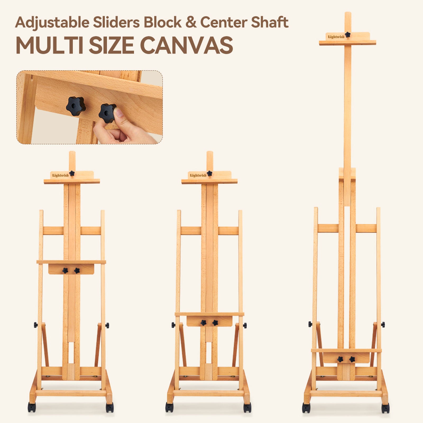 Lightwish H Frame Easel, Hold Canvas up to 70" with 4 Universal Wheels, Beech Wooden Easel for Painting, Adjustable Artist Easels for Painting
