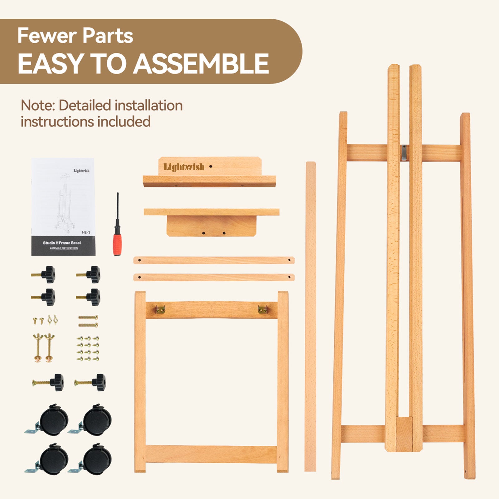 Lightwish H Frame Easel, Hold Canvas up to 70" with 4 Universal Wheels, Beech Wooden Easel for Painting, Adjustable Artist Easels for Painting