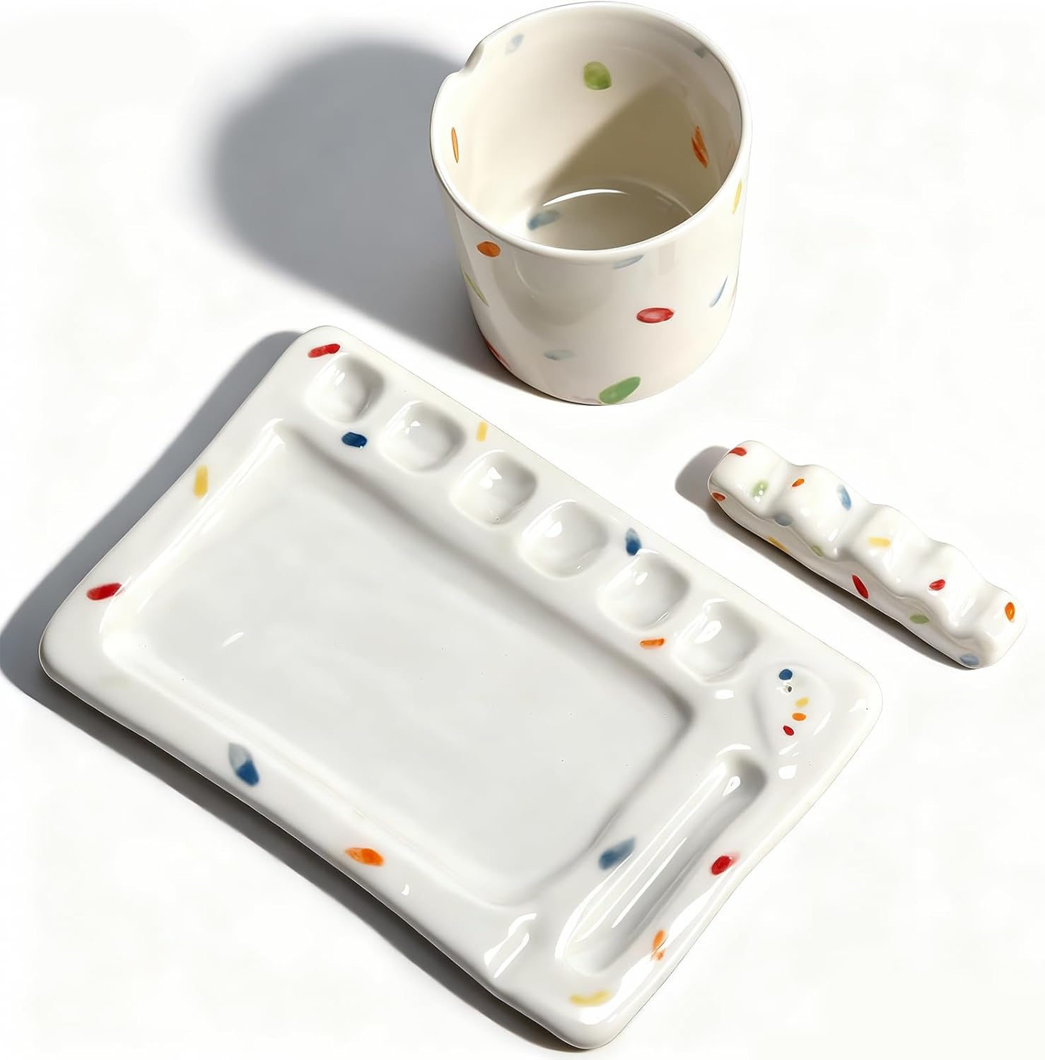 Handmade ceramic paint palette set, artist's ceramic watercolor palette, brush holder and paint cups