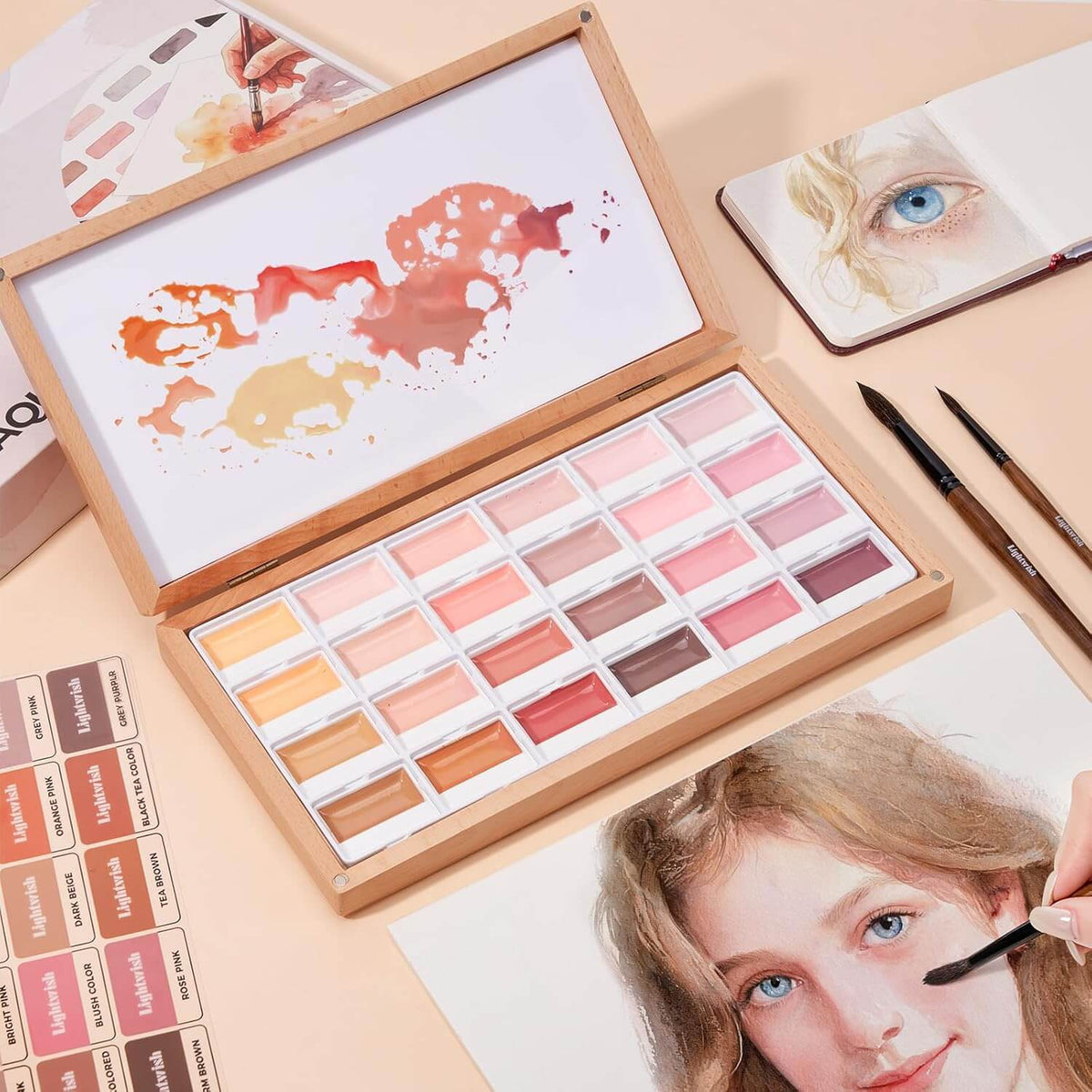 LIGHTWISH 24-Color Opaque Watercolor Set – Skin Tone Palette in Wooden Box