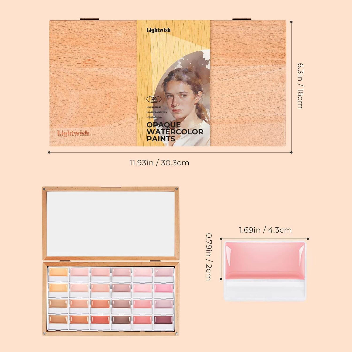 LIGHTWISH 24-Color Opaque Watercolor Set – Skin Tone Palette in Wooden Box