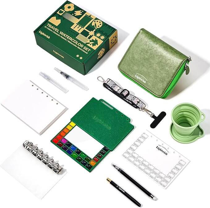 LIGHTWISH Travel Watercolor Set - 24 Colors Compact Art Kit with Refillable 100% Cotton Paper, Ceramic Palette