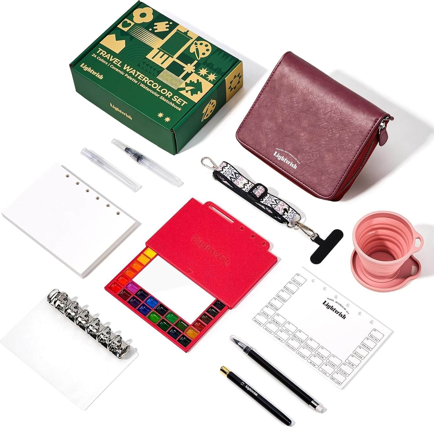LIGHTWISH Travel Watercolor Set - 24 Colors Compact Art Kit with Refillable 100% Cotton Paper, Ceramic Palette