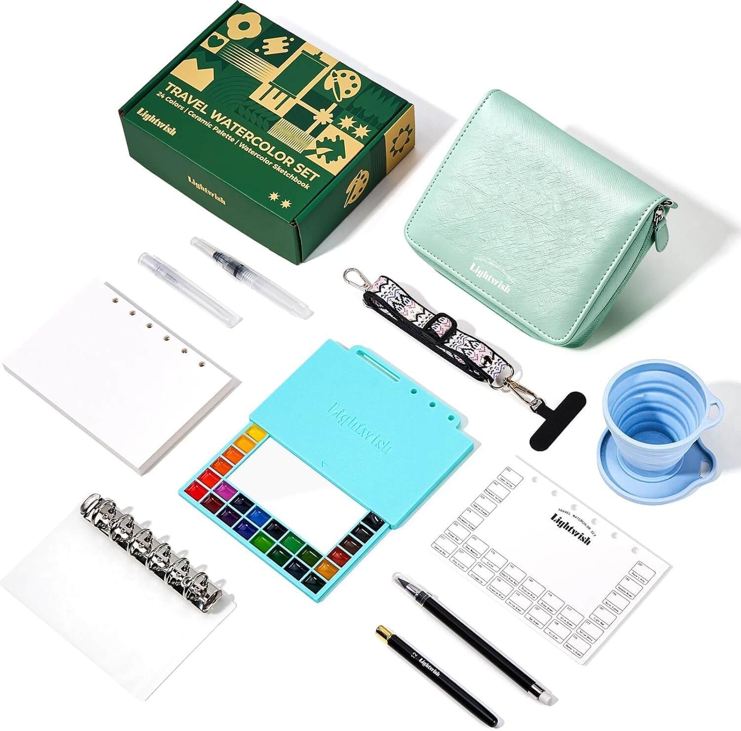 LIGHTWISH Travel Watercolor Set - 24 Colors Compact Art Kit with Refillable 100% Cotton Paper, Ceramic Palette