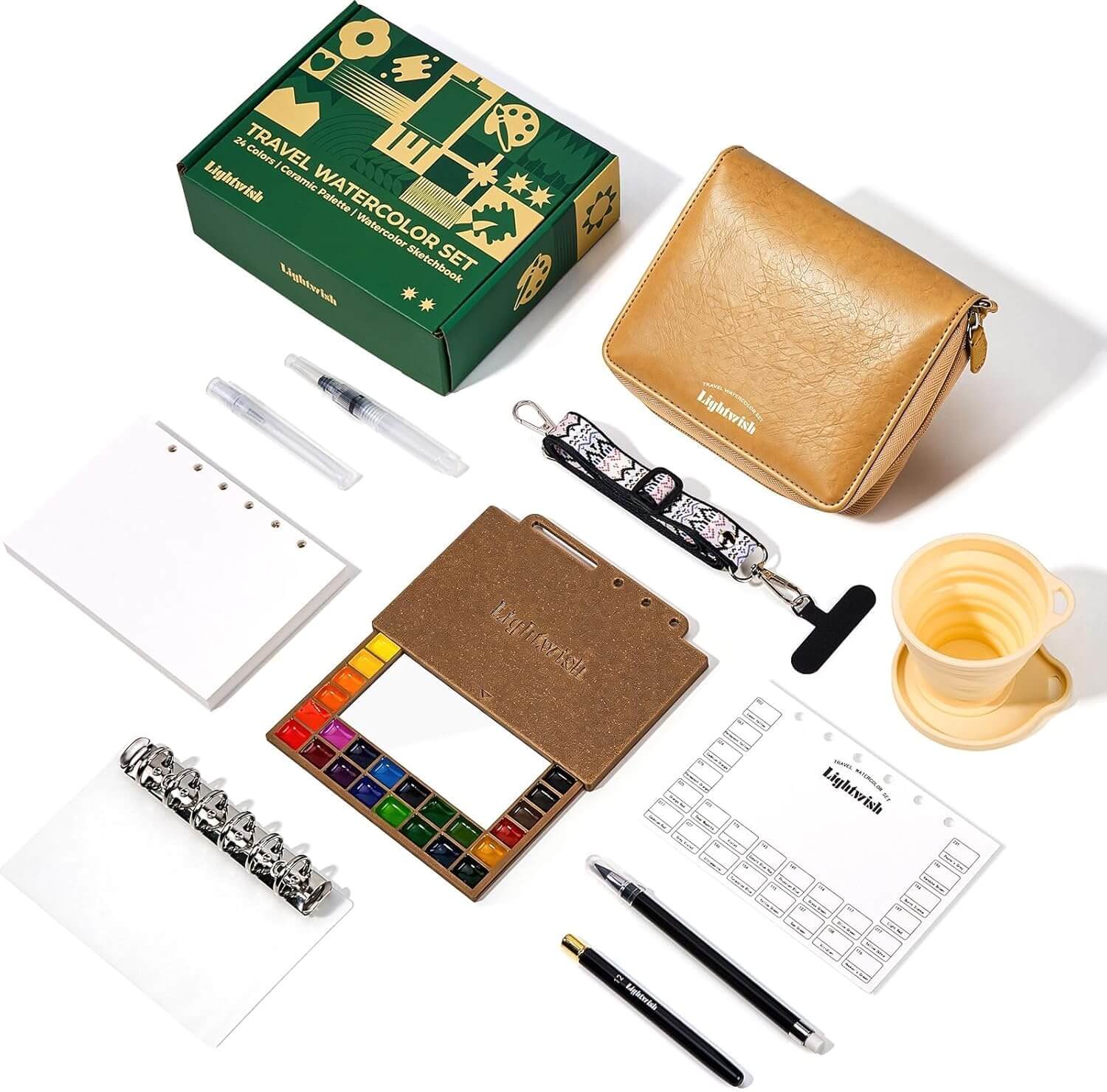 LIGHTWISH Travel Watercolor Set - 24 Colors Compact Art Kit with Refillable 100% Cotton Paper, Ceramic Palette