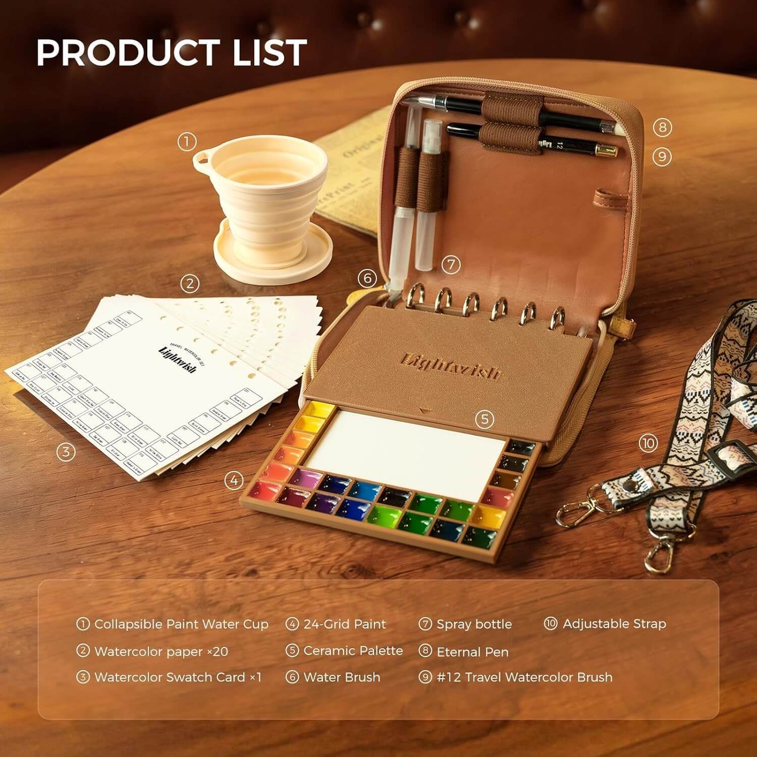 LIGHTWISH Travel Watercolor Set - 24 Colors Compact Art Kit with Refillable 100% Cotton Paper, Ceramic Palette