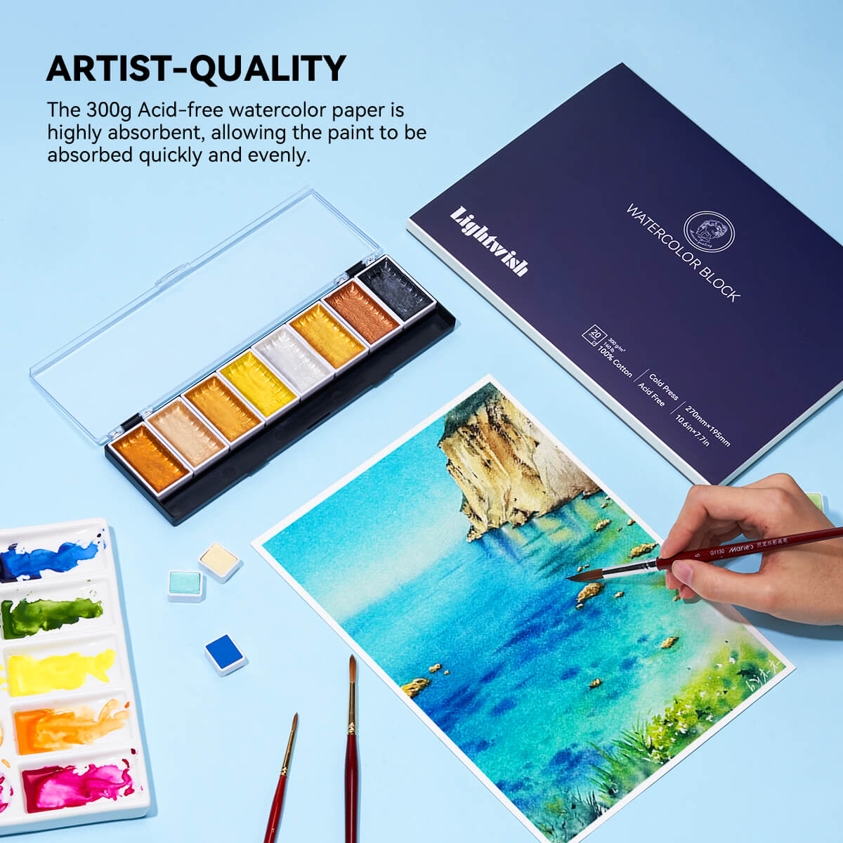 Lightwish Artist Watercolor Paper Block, Cold Press 20 Sheets