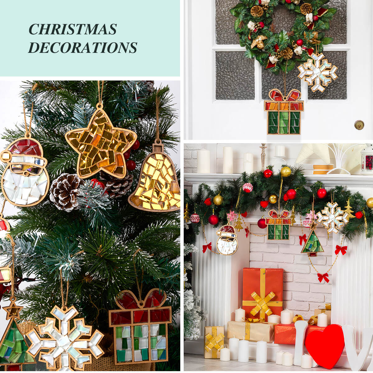 Farbclub DIY Glass Mosaic Tiles Crafts Kits for Adults, 7PCS Wooden Bases with Hole Christmas Ornaments, Mosaic Adult Crafts Christmas Decorations Indoor Decor for Women Beginners Handmade Gifts