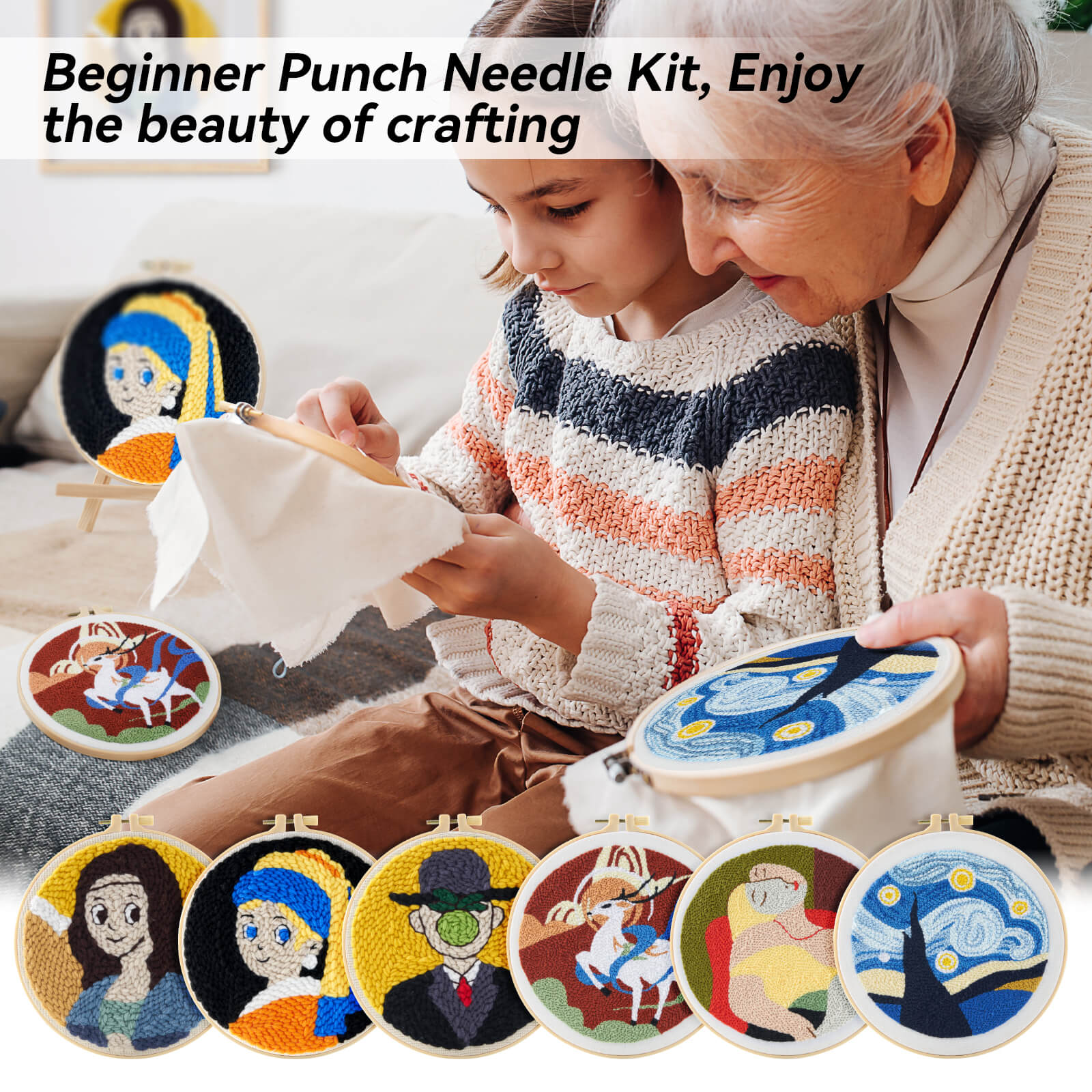 Farbclub Punch Needle Embroidery Starter Kit for Adults Beginner, Punch Stitching Kit with Punch Needle Fabric, Hoops, Yarns and Sewing Needles, Instructions, Beginner Tool Kit