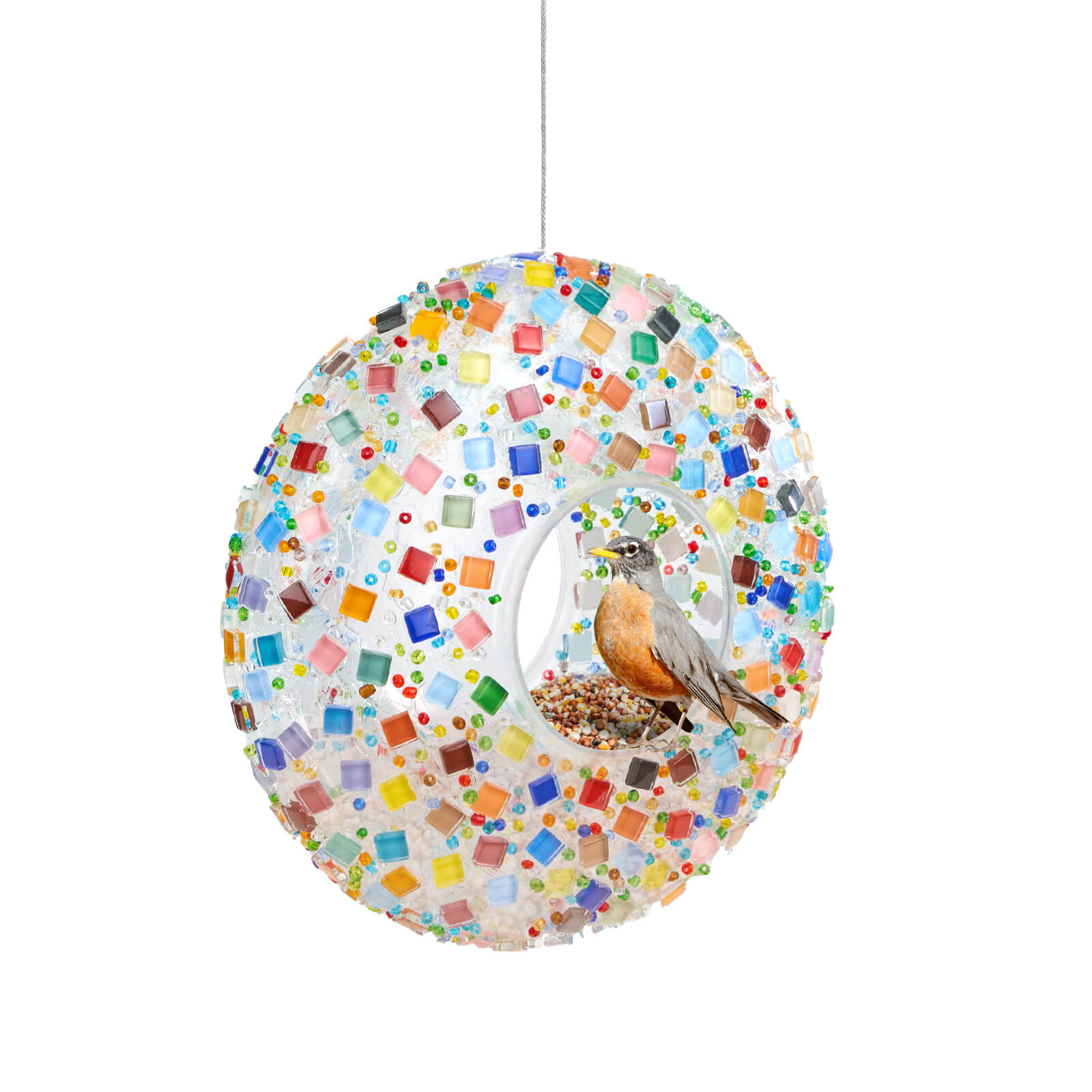 Farbclub DIY Mosaic Bird Feeder - 9.4in Hanging Fly-Through Design for Garden Decor, Colorful Mosaic Pattern, Ideal for Garden, Yard, Deck, Porch, Outdoor Decoration