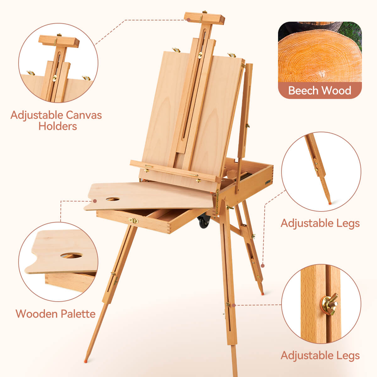 Lightwish Beechwood French Easel, Portable Painting Easel with Palette