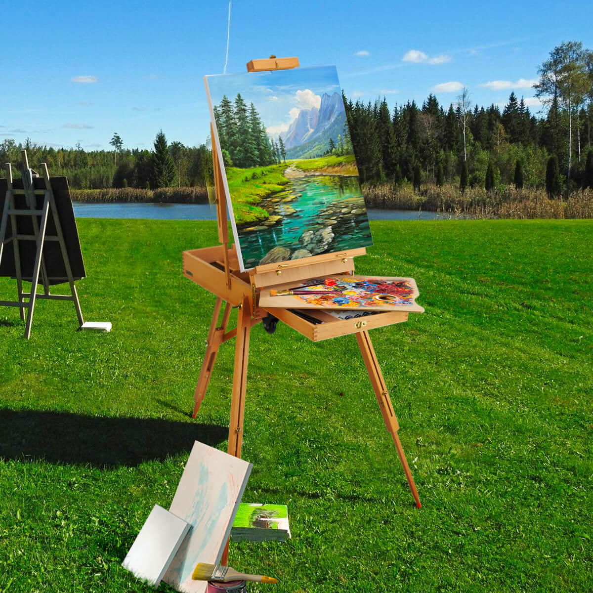 Lightwish Beechwood French Easel, Portable Painting Easel with Palette