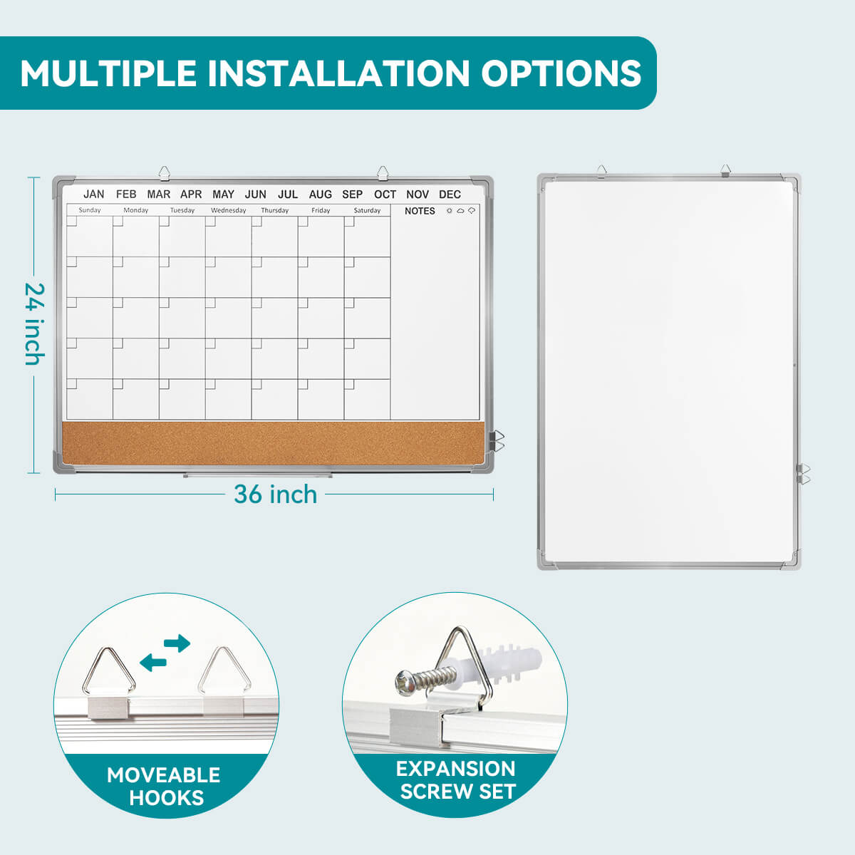 Calendrier mural Lightwish, tableau blanc effaçable à sec avec cadre en aluminium argenté, suspension murale double face