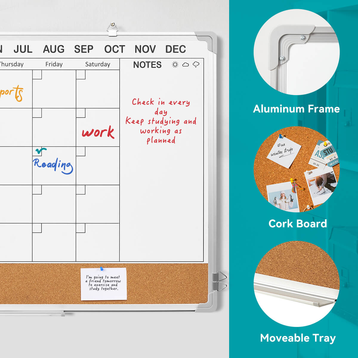 Lightwish Kalender-Whiteboard für die Wand, trocken abwischbar, mit silbernem Aluminiumrahmen, doppelseitiges Aufhängen an der Wand