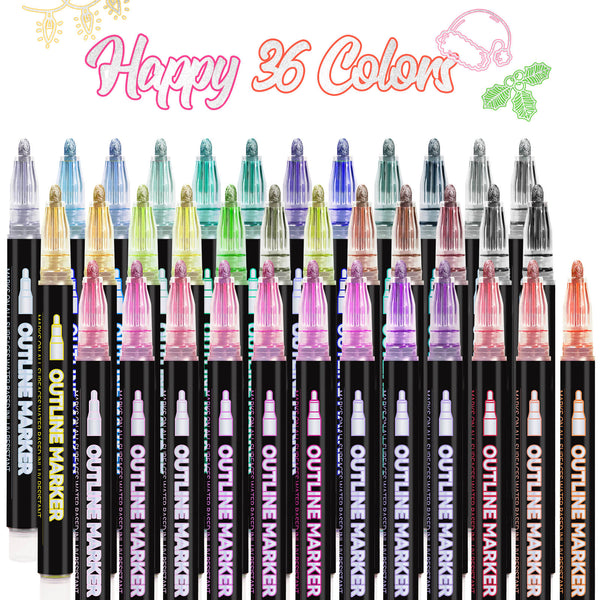 Lightwish Outline Markers 36 Colors, Shimmer Markers Double Line Outli