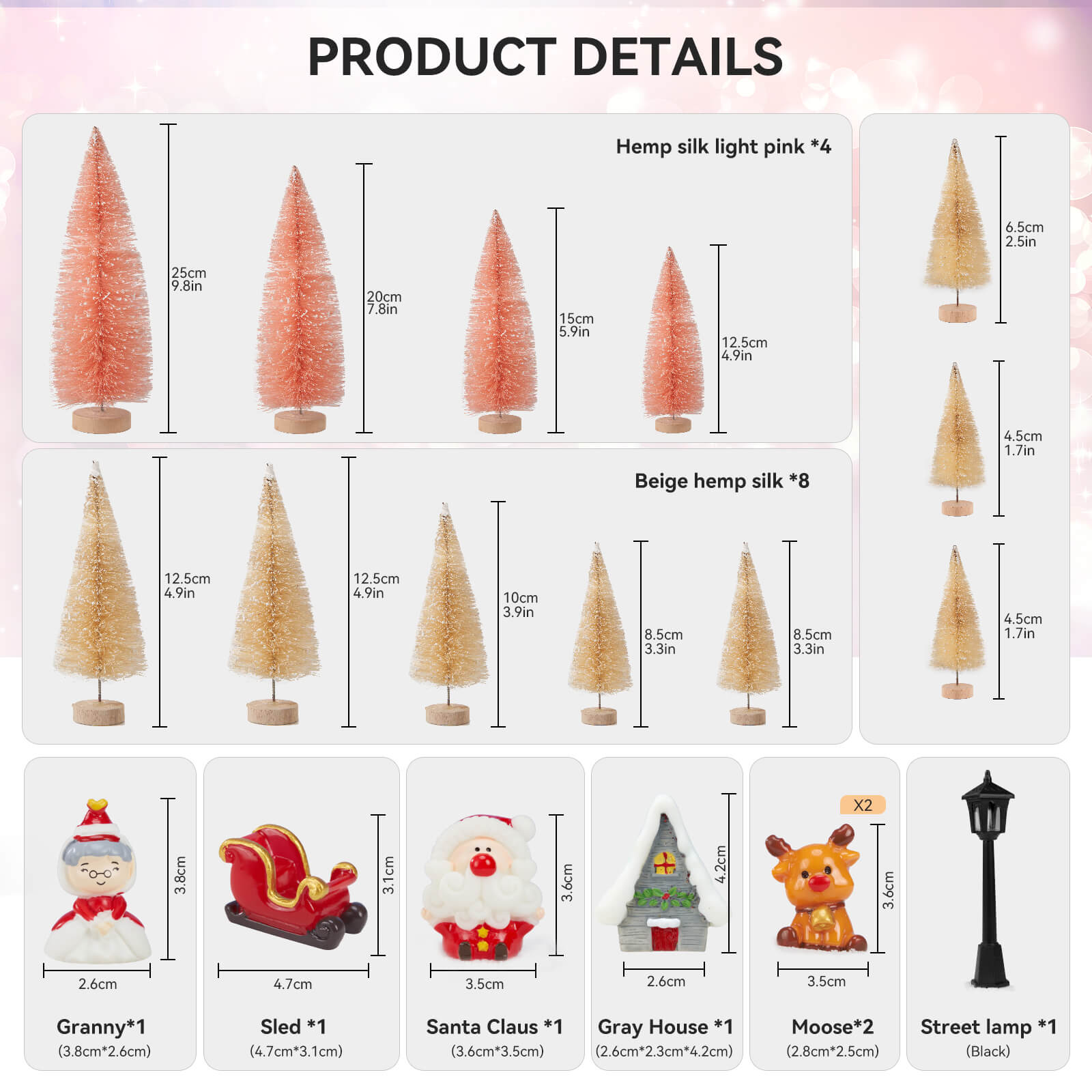 Farbclub 19 PCS Mini Christmas Trees, Artificial Christmas Tree Bottle Brush Trees with Wooden Base, Ideal for Holiday Decorations, Winter Crafts, and Tabletop Displays (Pink, White)