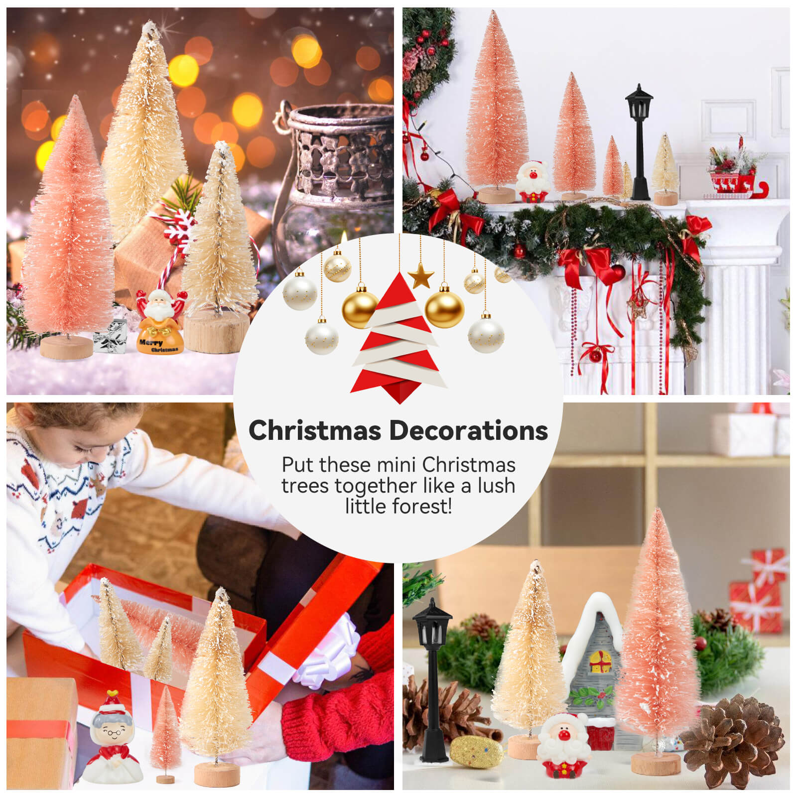 Farbclub 19 PCS Mini Christmas Trees, Artificial Christmas Tree Bottle Brush Trees with Wooden Base, Ideal for Holiday Decorations, Winter Crafts, and Tabletop Displays (Pink, White)