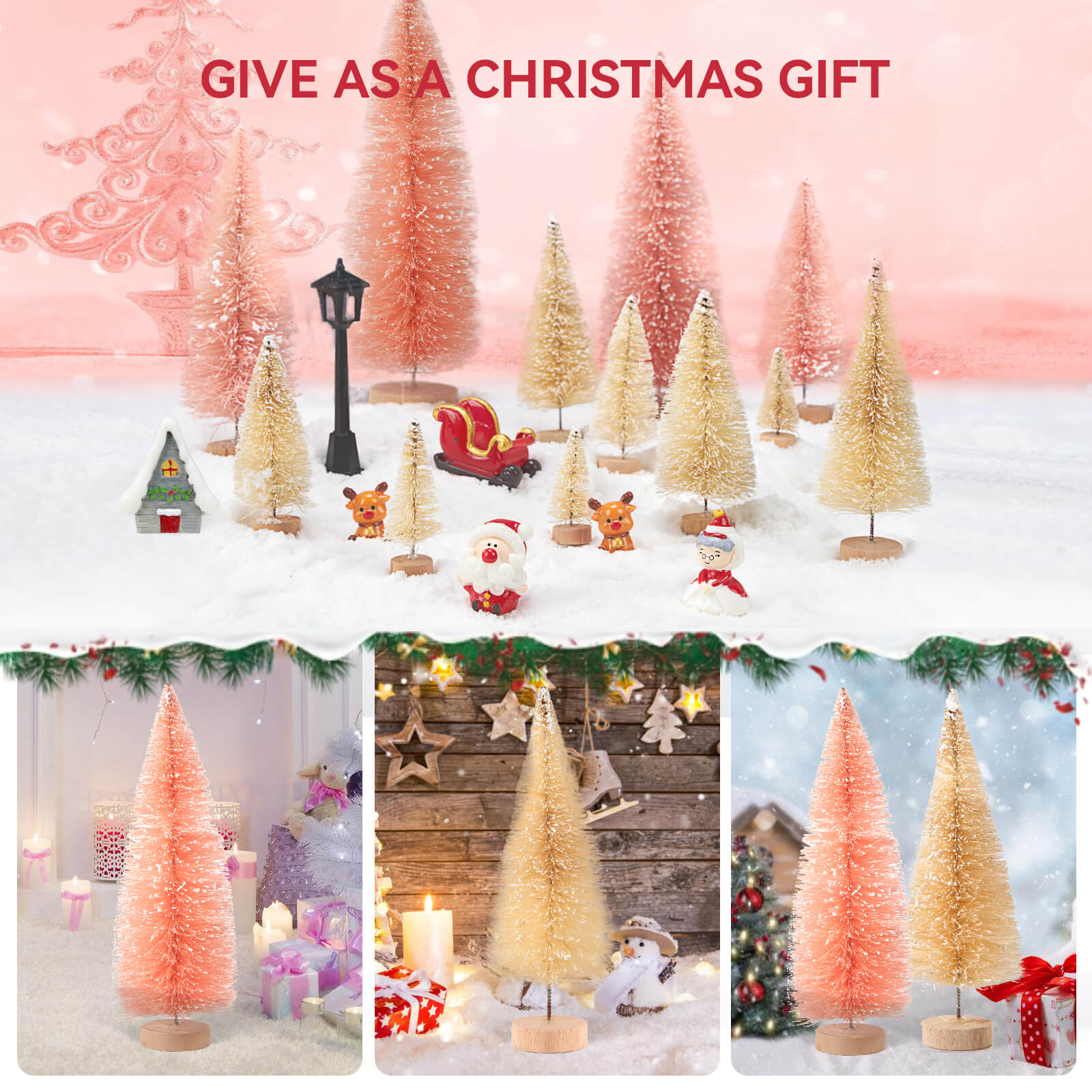 Farbclub 19 PCS Mini Christmas Trees, Artificial Christmas Tree Bottle Brush Trees with Wooden Base, Ideal for Holiday Decorations, Winter Crafts, and Tabletop Displays (Pink, White)