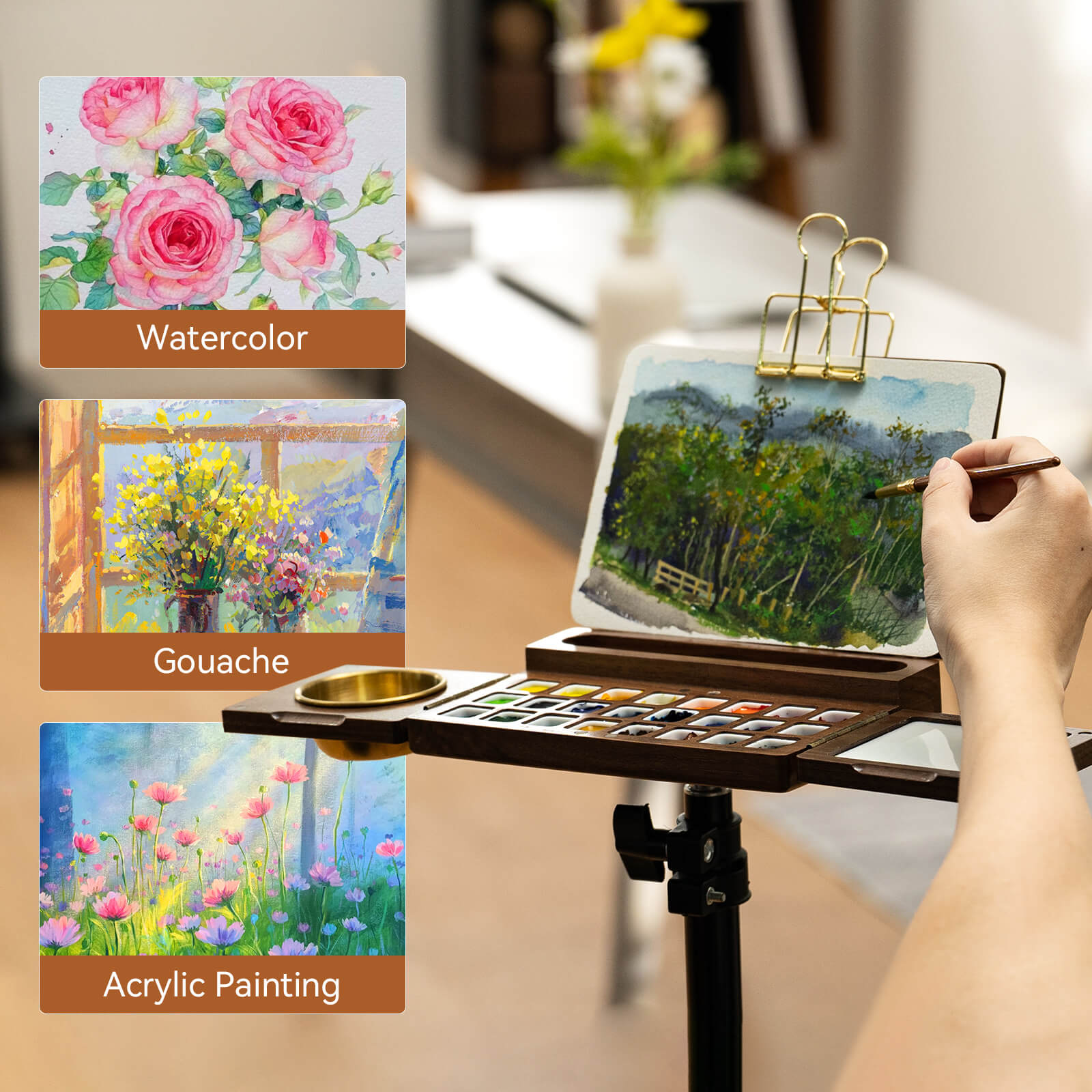 Lightwish Wooden Watercolor Palette, Multifunctional Empty Black Walnut Palette Box, Travel Easel 24 Wells