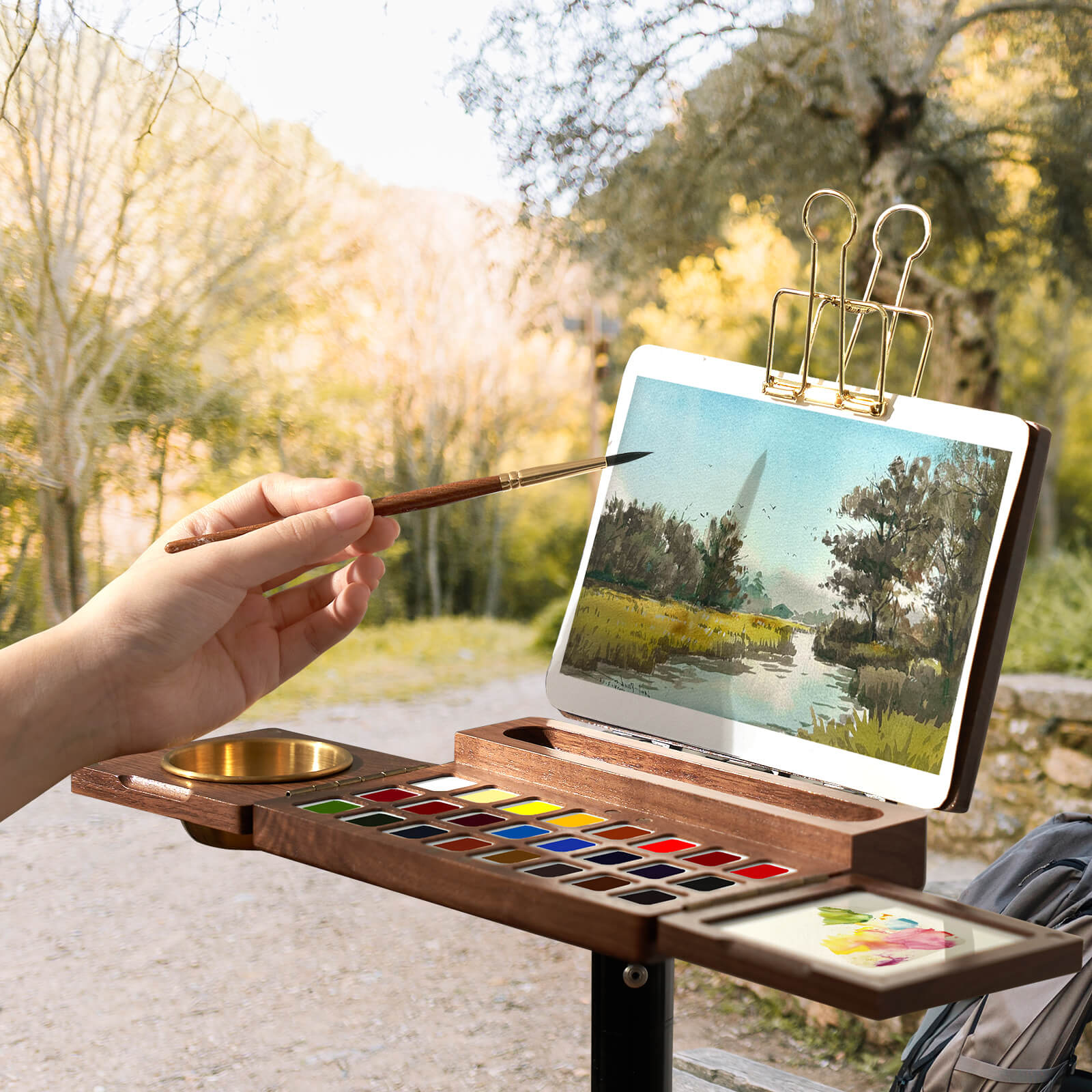 Lightwish Wooden Watercolor Palette, Multifunctional Empty Black Walnut Palette Box, Travel Easel 24 Wells