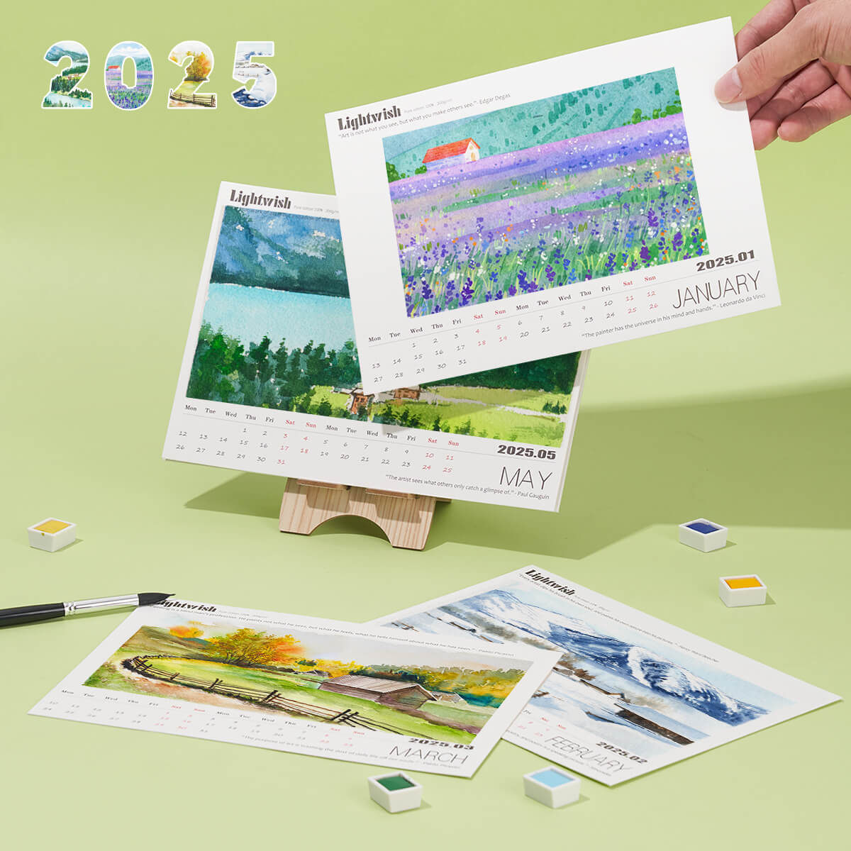 Lightwish Watercolor Calendar Set for 2025, 100% Cotton, 12 Sheets, 140lb (300gsm), Acid-Free Cold Pressed Watercolor Paper Bulk, Art Supplies for Watercolor Crafts and DIY Media
