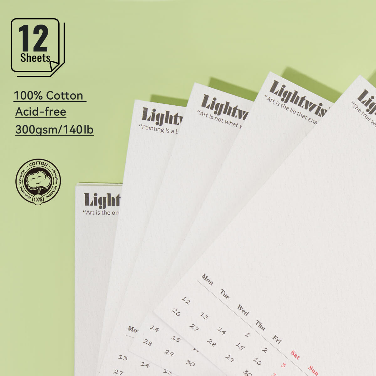 Lightwish Watercolor Calendar Set for 2025, 100% Cotton, 12 Sheets, 140lb (300gsm), Acid-Free Cold Pressed Watercolor Paper Bulk, Art Supplies for Watercolor Crafts and DIY Media