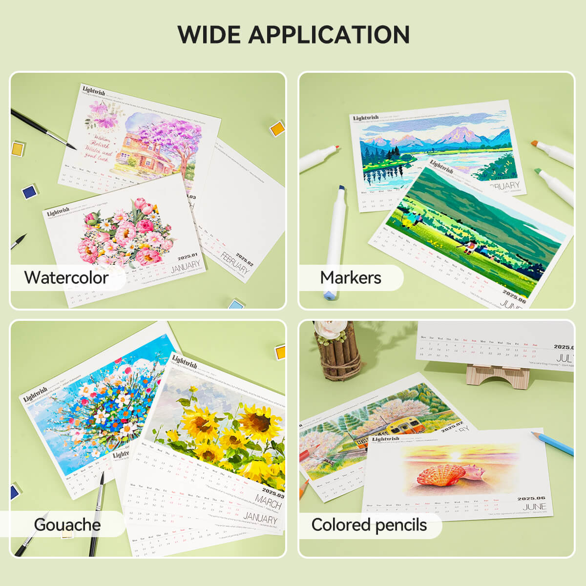 Lightwish Watercolor Calendar Set for 2025, 100% Cotton, 12 Sheets, 140lb (300gsm), Acid-Free Cold Pressed Watercolor Paper Bulk, Art Supplies for Watercolor Crafts and DIY Media