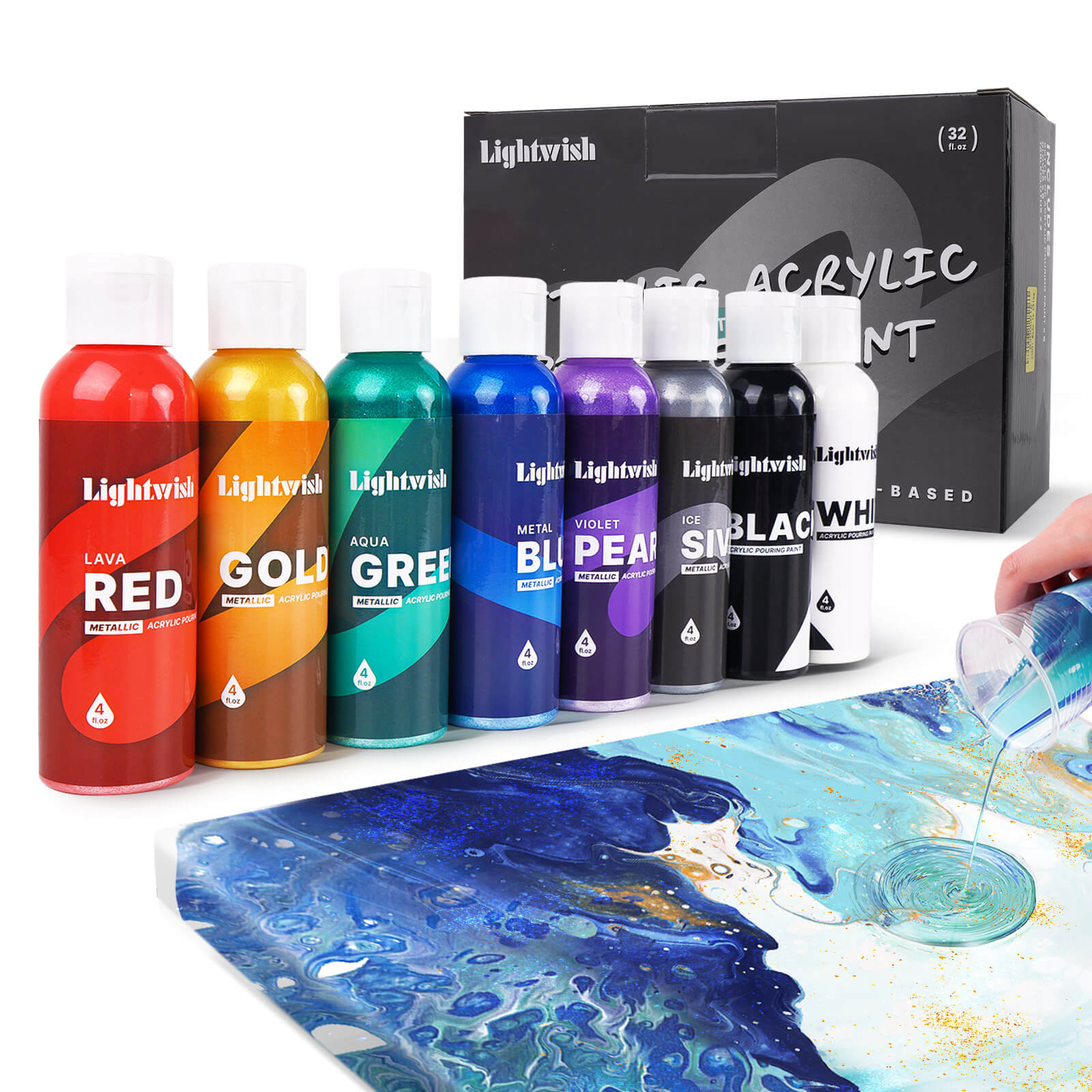 Lightwish 8 Iridescent Metallic Colors Pouring Acrylic Paint Set