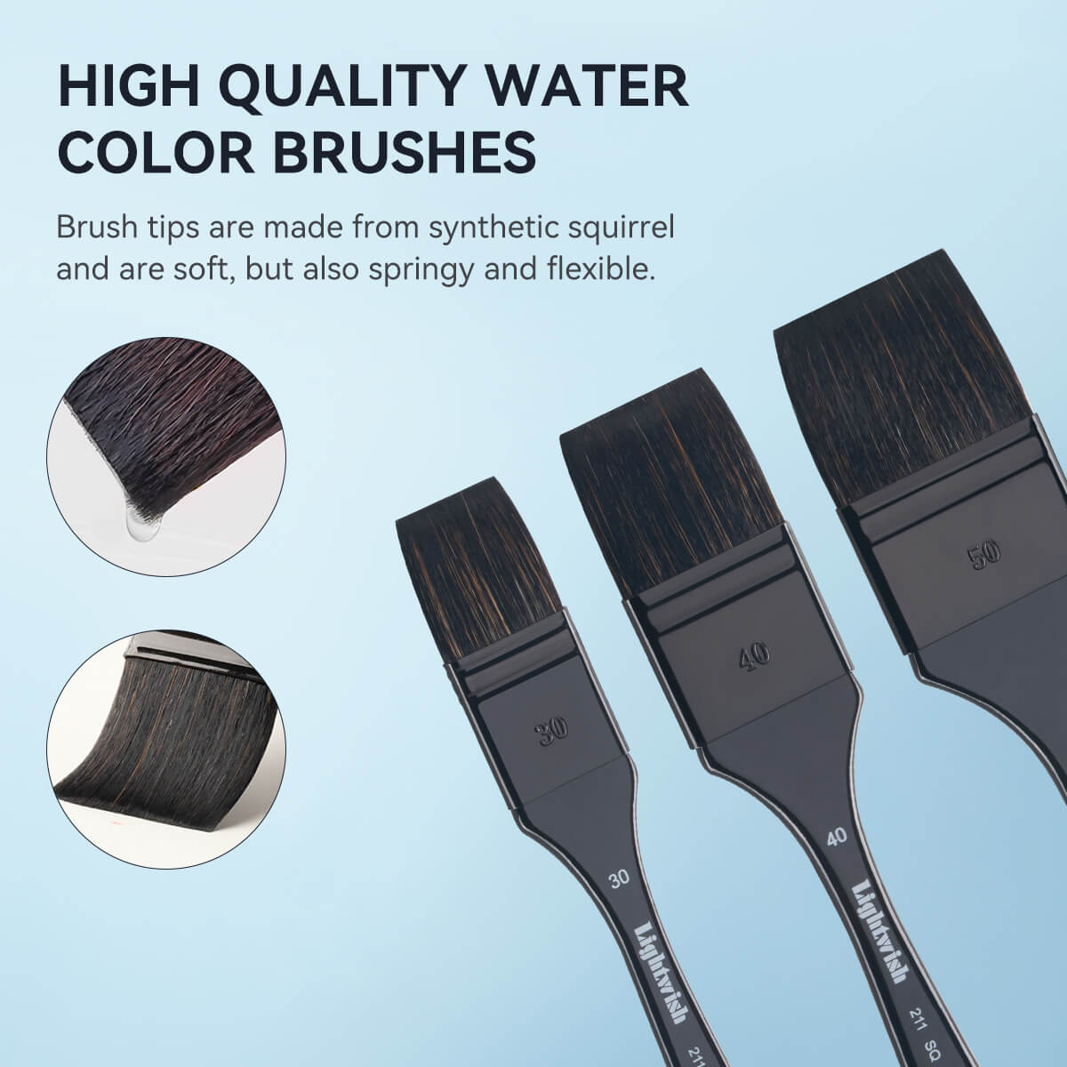 Lightwish 3 Pcs Watercolor Flat Brushes Set, Synthetic Squirrel Hair Paint Brushes kit