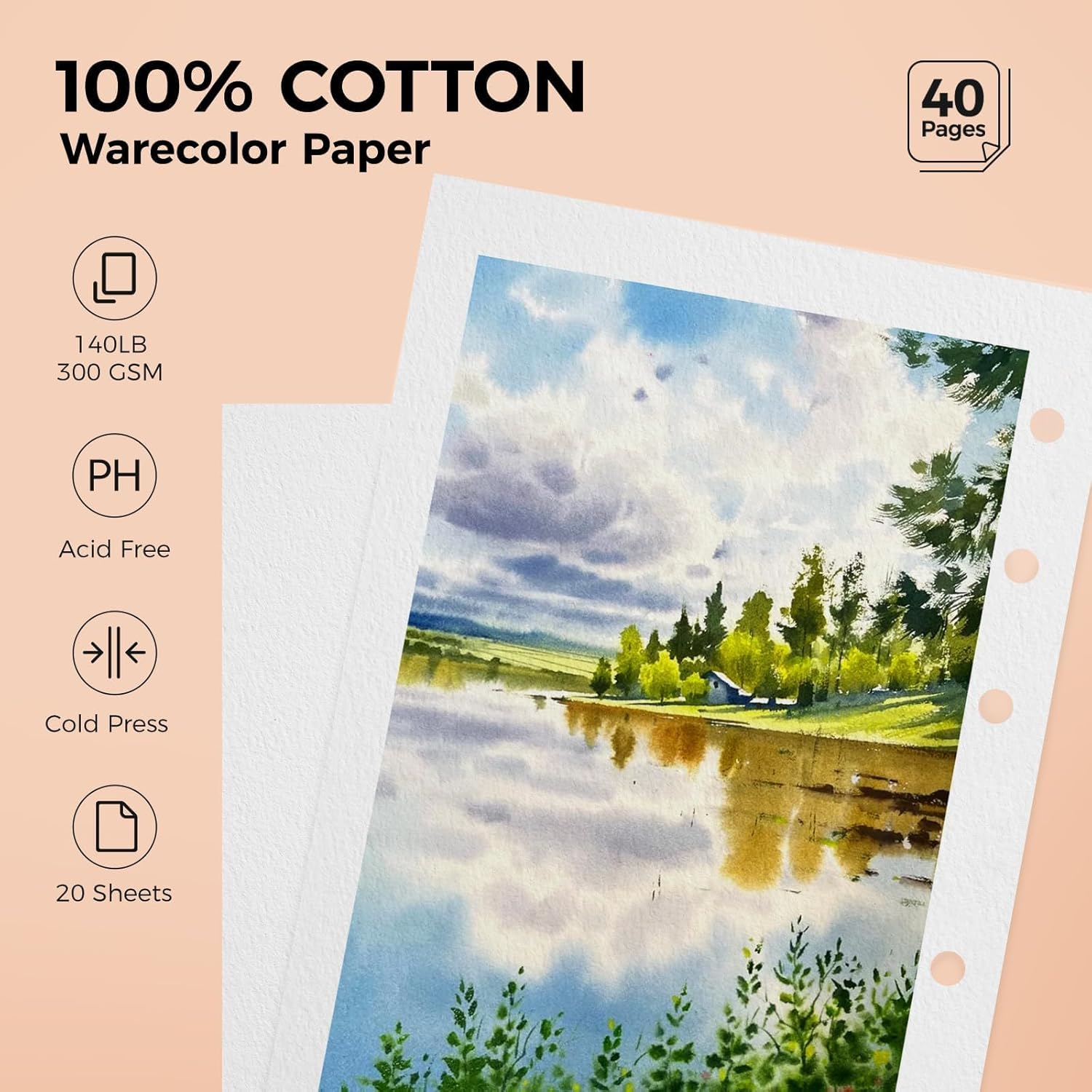 Lightwish Watercolor Sketchbook 100% Cotton, 300gsm (140lb) - 6.69" x 3.94" Cold Press Watercolor Paper Journal Notebook - 20 Sheets with PU Leather Cover for Drawing Mixed Media