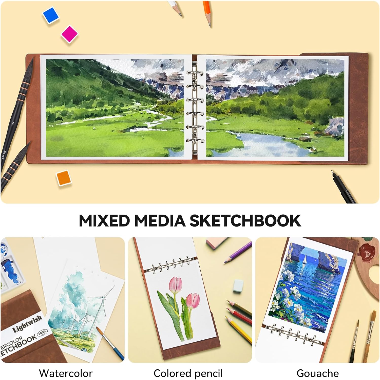 Lightwish Watercolor Sketchbook,100% Cotton 300gsm/140lb Watercolor Journal, Acid Free Cold Press Watercolor Paper for Artists,Adults,Students,20 Sheets,Paper 5.8 * 8.2 Inches