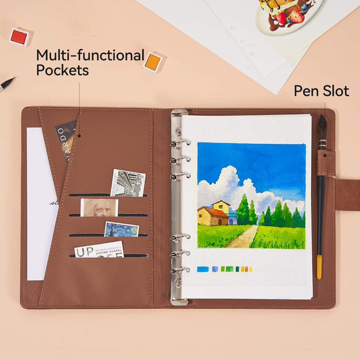 Lightwish Watercolor Sketchbook,100% Cotton Acid Free Watercolor Paper,300gsm/140lb Cold Press Watercolor Journal for Artists,Adults,Students,20 Sheets,9.25 * 6.3 Inches(Leather Brown)