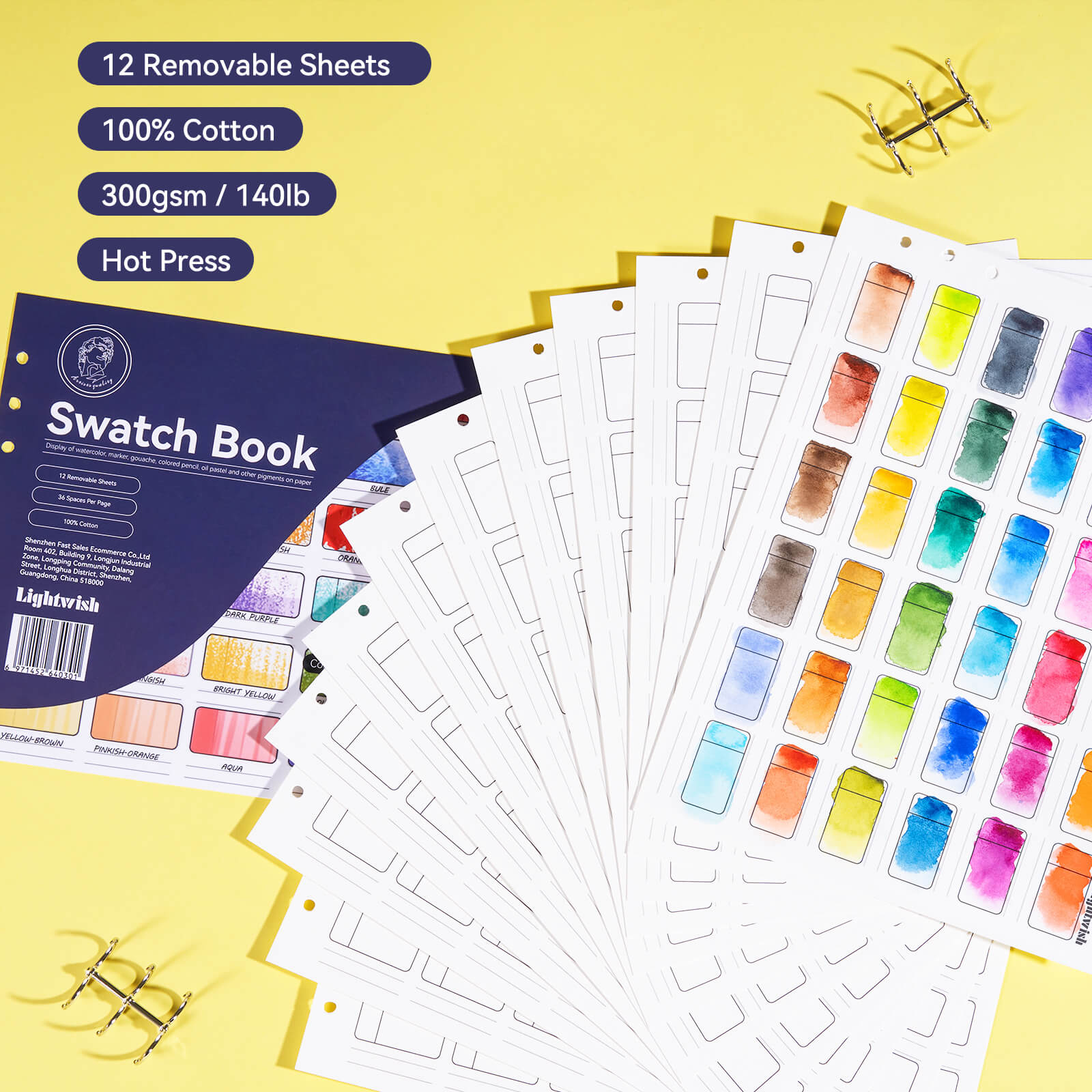 Lightwish Aquarelle Swatch Book, 12 feuilles, 100 % coton, 300 g/m²/140 lb, sans acide, presse à chaud