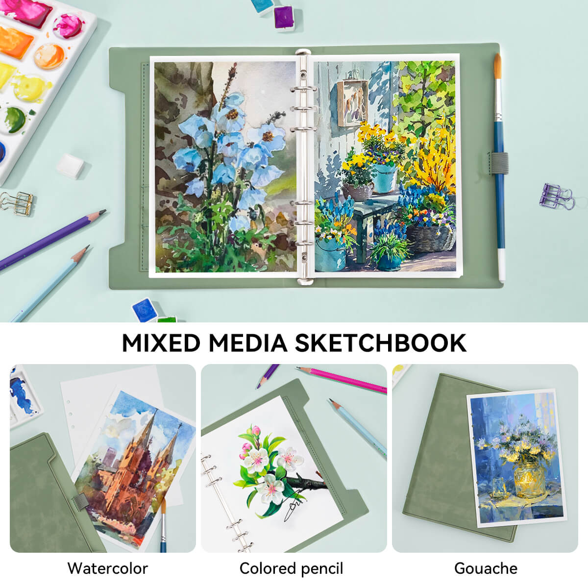 Lightwish Watercolor Hardcover-Skizzenbuch, 100 % säurefreies Baumwolle-Tagebuch, Hot Press-Aquarellpapier, Grün