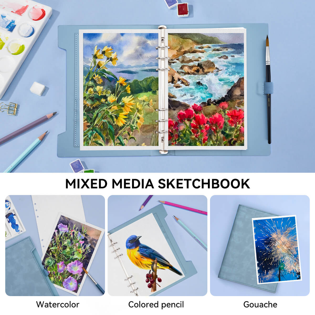 Lightwish Watercolor Hardcover-Skizzenbuch, 100 % säurefreies Baumwolle-Tagebuch, kaltgepresstes Aquarellpapier, blau