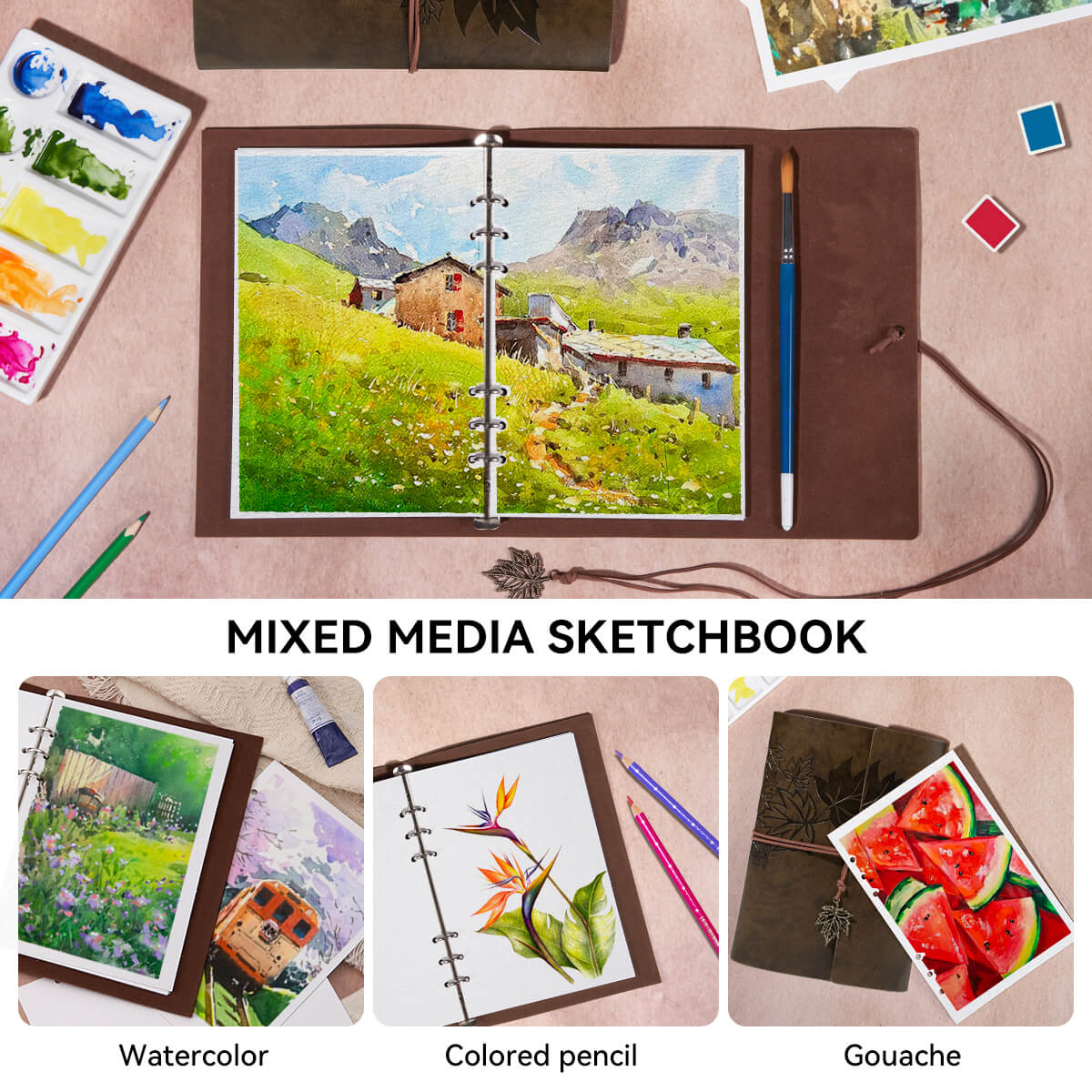 Lightwish Watercolor Retro Sketchbook, 100% Cotton Acid-free Journal, Cold Press Watercolor Paper, Dark Brown