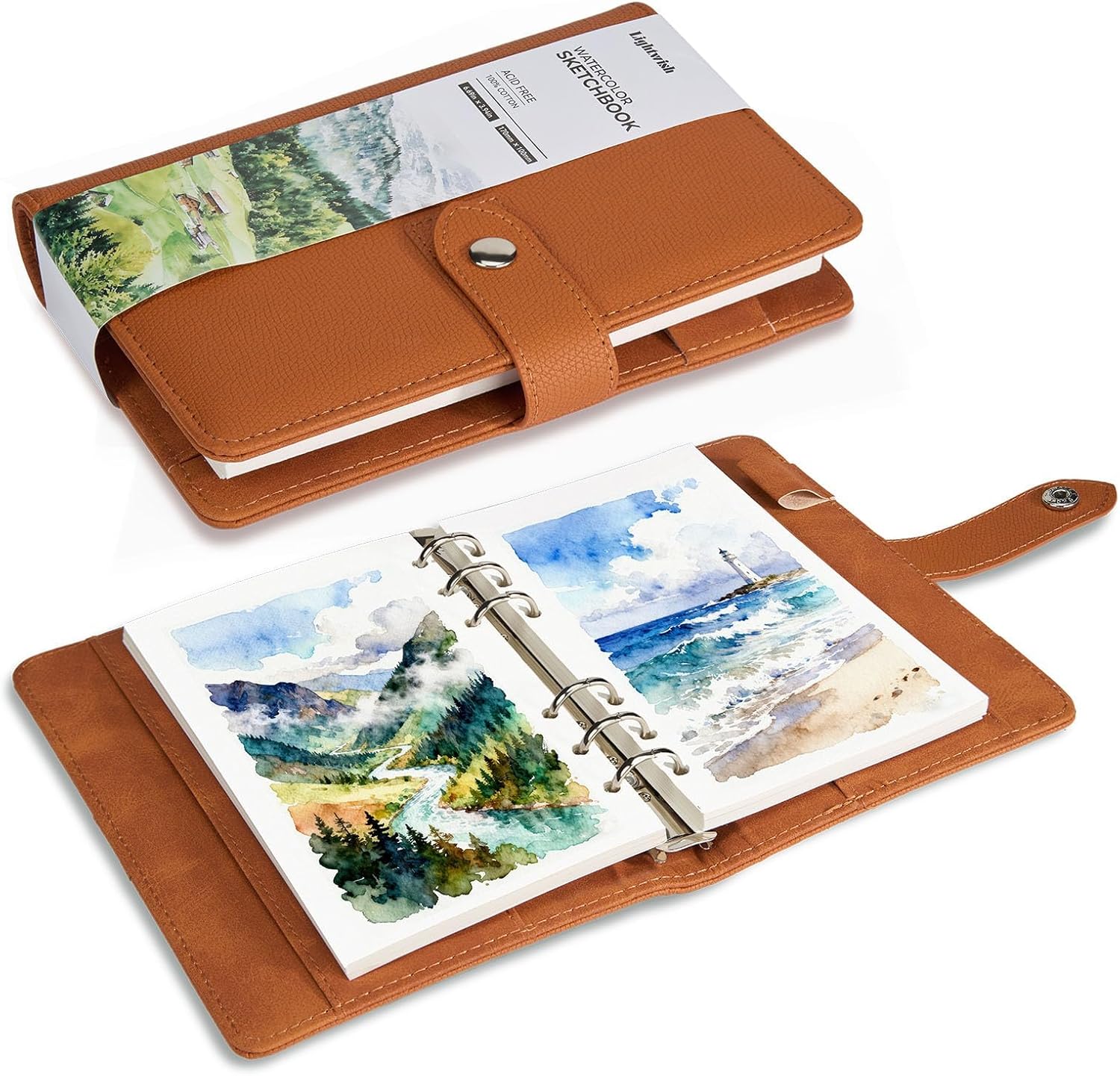 Lightwish Watercolor Sketchbook Refillable 100% Cotton, 300gsm (140lb) - 6.69" x 3.94" Hot Press Watercolor Paper Journal Notebook - 20 Sheets with PU Leather Cover for Drawing Mixed Media