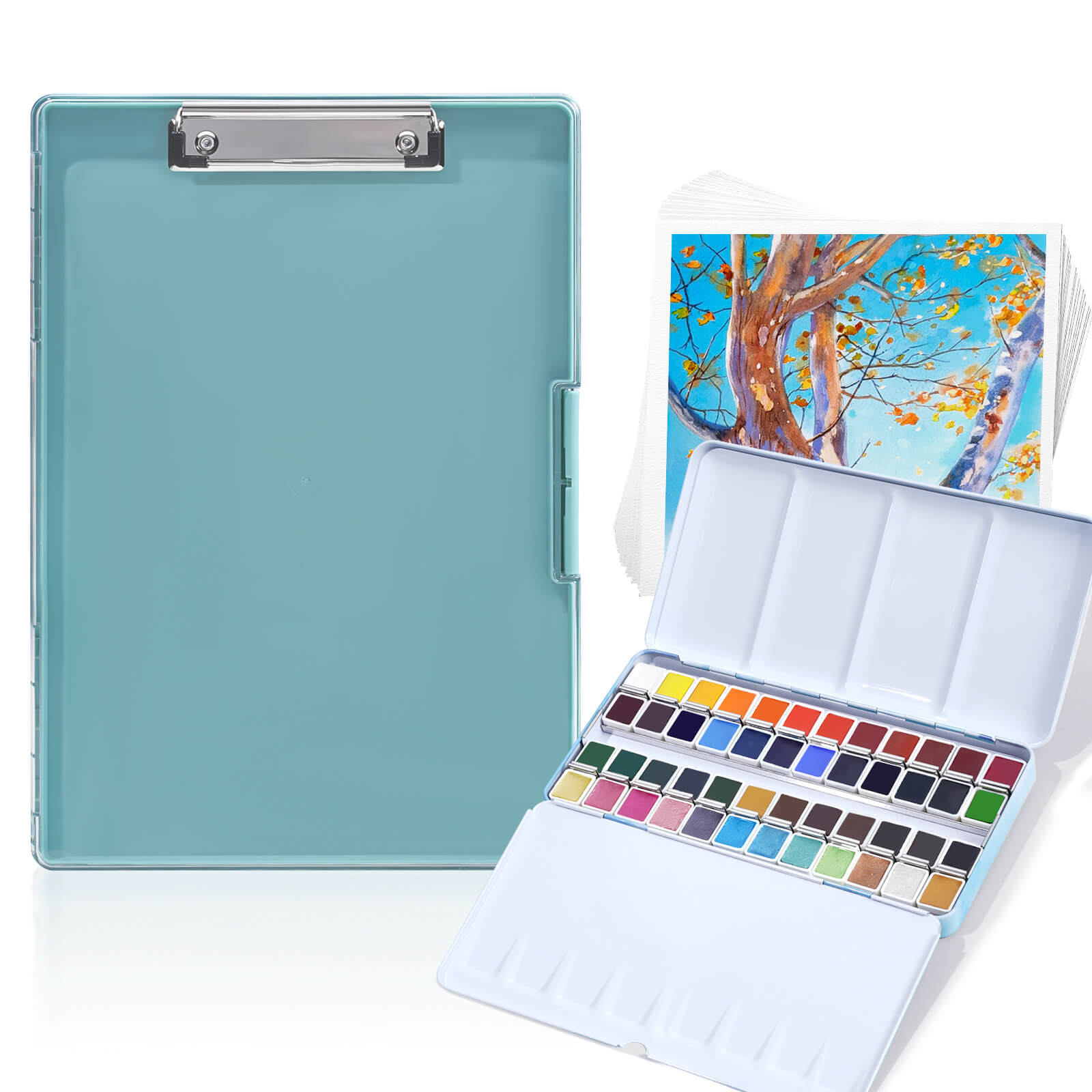 MeiLiang Aquarellfarben-Set, 48 Farben, feste Aquarellfarben + Aquarellpapier + Kunstbedarf, Aufbewahrungsbox aus Kunststoff