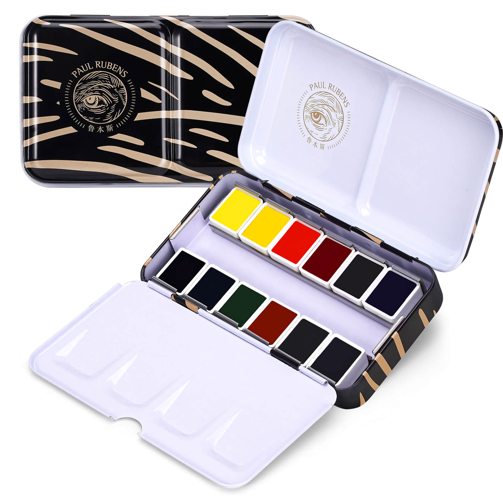 Coffret de peinture aquarelle Paul Rubens Artist, 12 couleurs vives dans une boîte en fer blanc portable (noir et or)