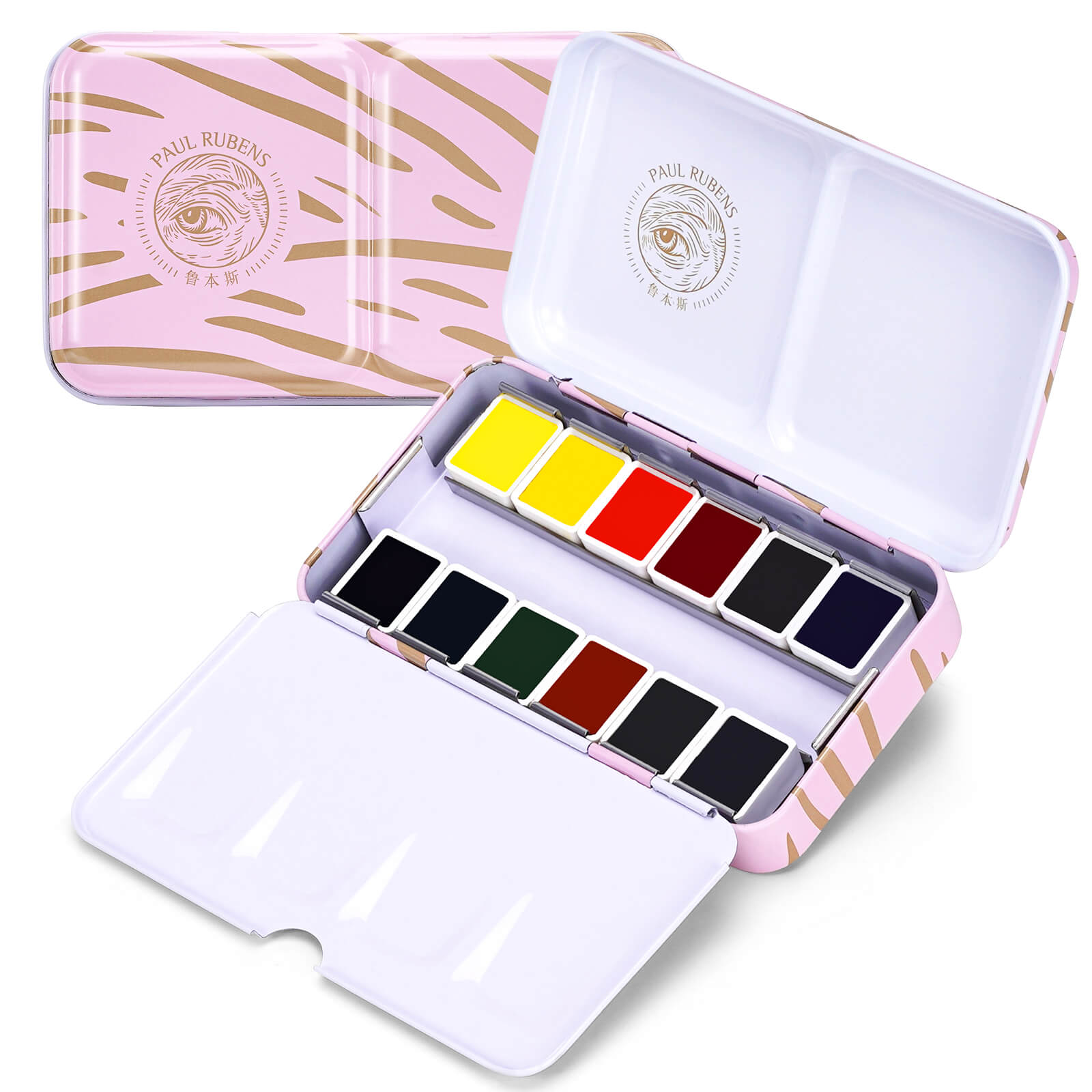 Coffret de peinture aquarelle Paul Rubens Artist, 12 couleurs vives dans une boîte en fer blanc portable (rose et or)