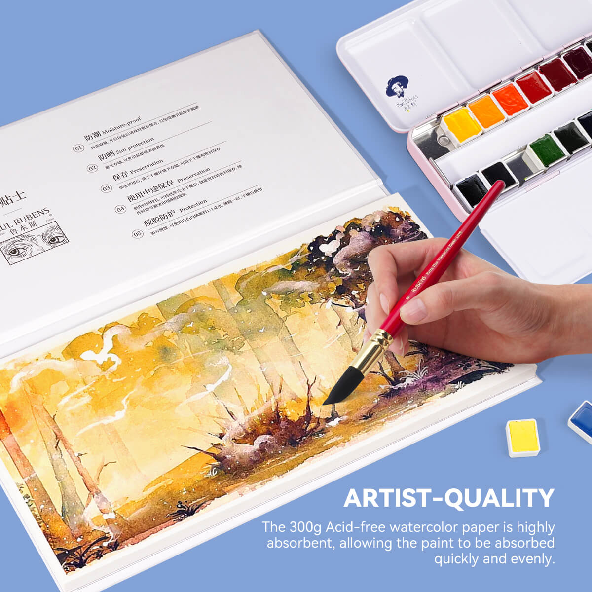 Paul Rubens Watercolor Block, High Absorption 100% Cotton Acid-Free Watercolor Paper Pad, Hot Press Sketchbook White