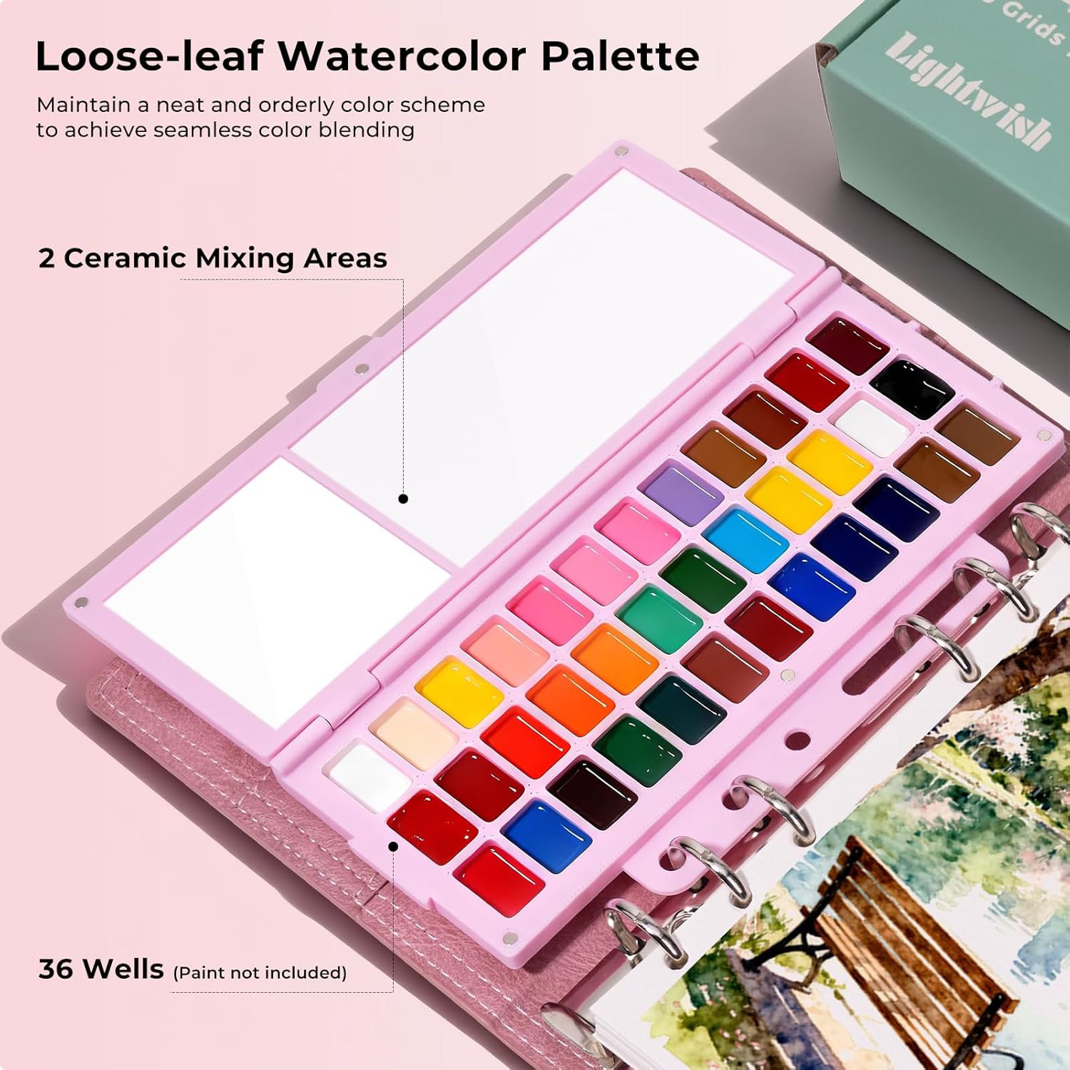 Lightwish Travel Watercolor Sketchbook Set - 100% Cotton Cold Press 6.7x3.9 Inch Binder Art Journal with 36-Well Ceramic Paint Palette & 2 Travel Watercolor Brushes for Artists Outdoor Painting