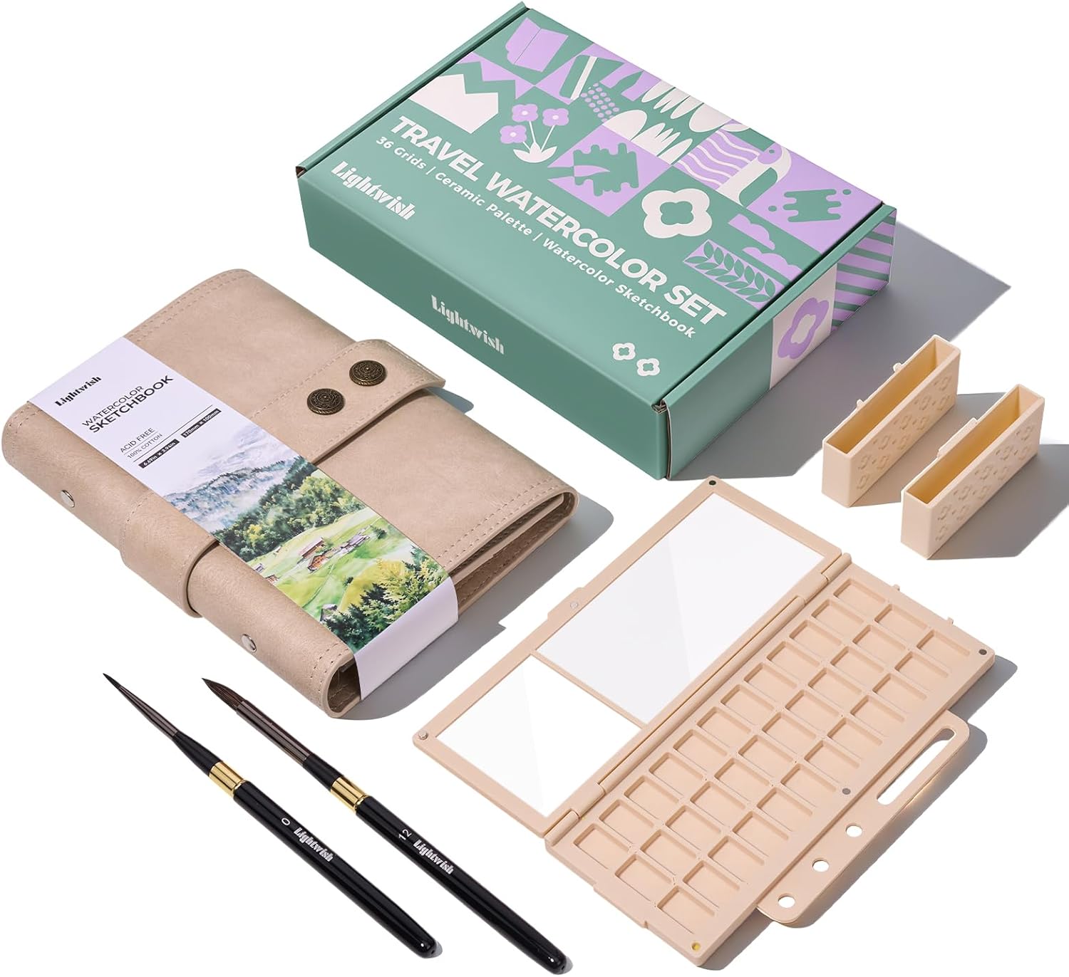 Lightwish Travel Watercolor Sketchbook Set - 100% Cotton Cold Press 6.7x3.9 Inch Binder Art Journal with 36-Well Ceramic Paint Palette & 2 Travel Watercolor Brushes for Artists Outdoor Painting