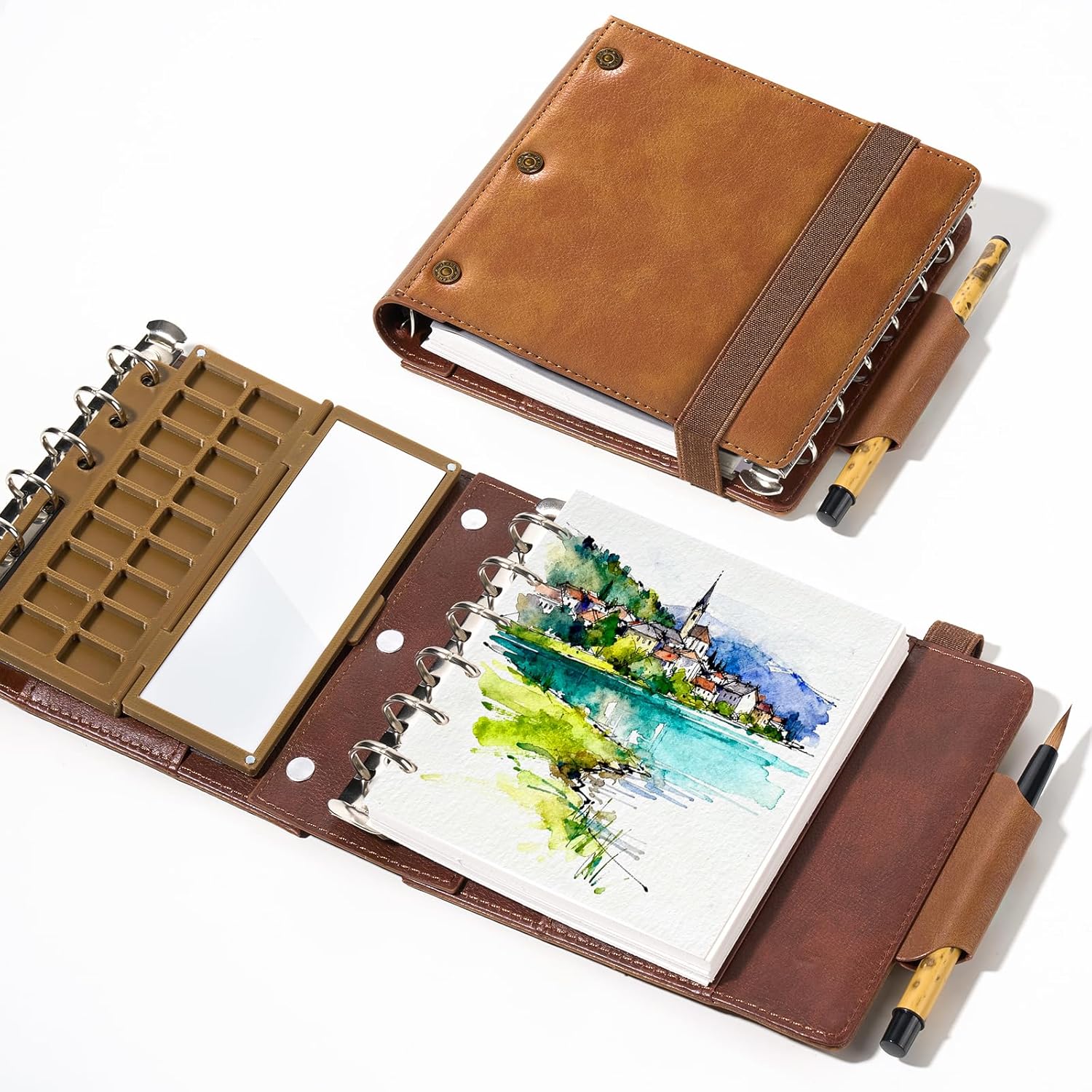 Portable Watercolor Sketchbook Set - 100% Cotton 5.1x3.0 Inch Hot Press 20 Sheets Binder Art Journal with 18-Well Ceramic Paint Palette & Travel Watercolor Brushes for Artists Outdoor Painting